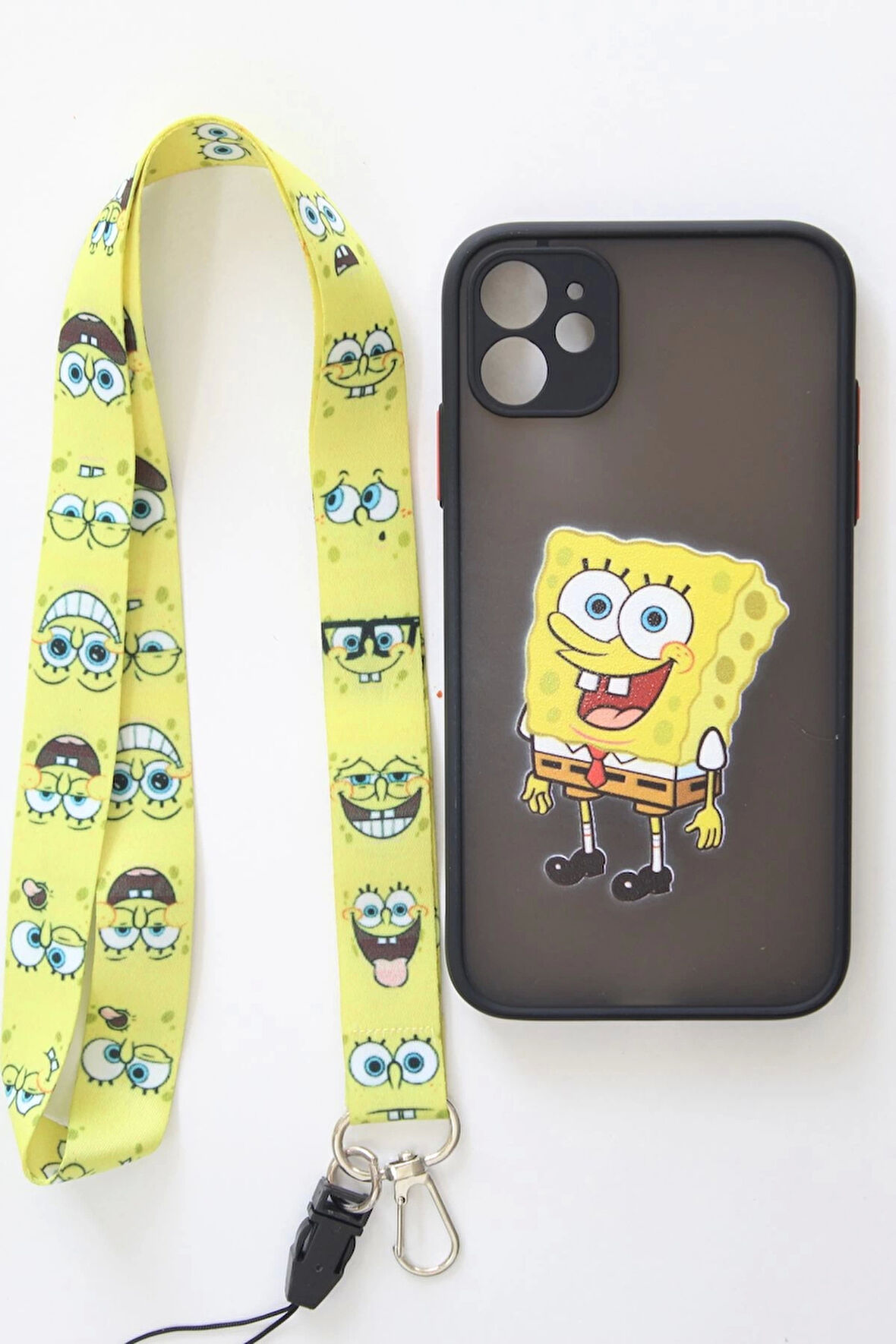 İPhone 12 Sünger Bob Tasarım Tuşları Renkli Telefon Boyun Askılı Set Kılıf
