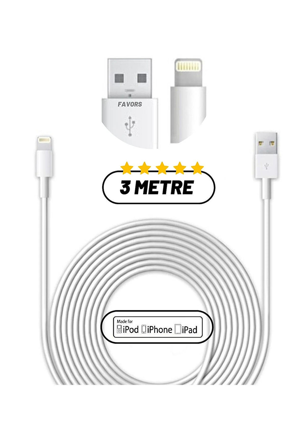 Qasul 3 Metre Iphone Lightning Data Şarj Kablosu Apple Iphone Uyumlu Şarj Kablosu