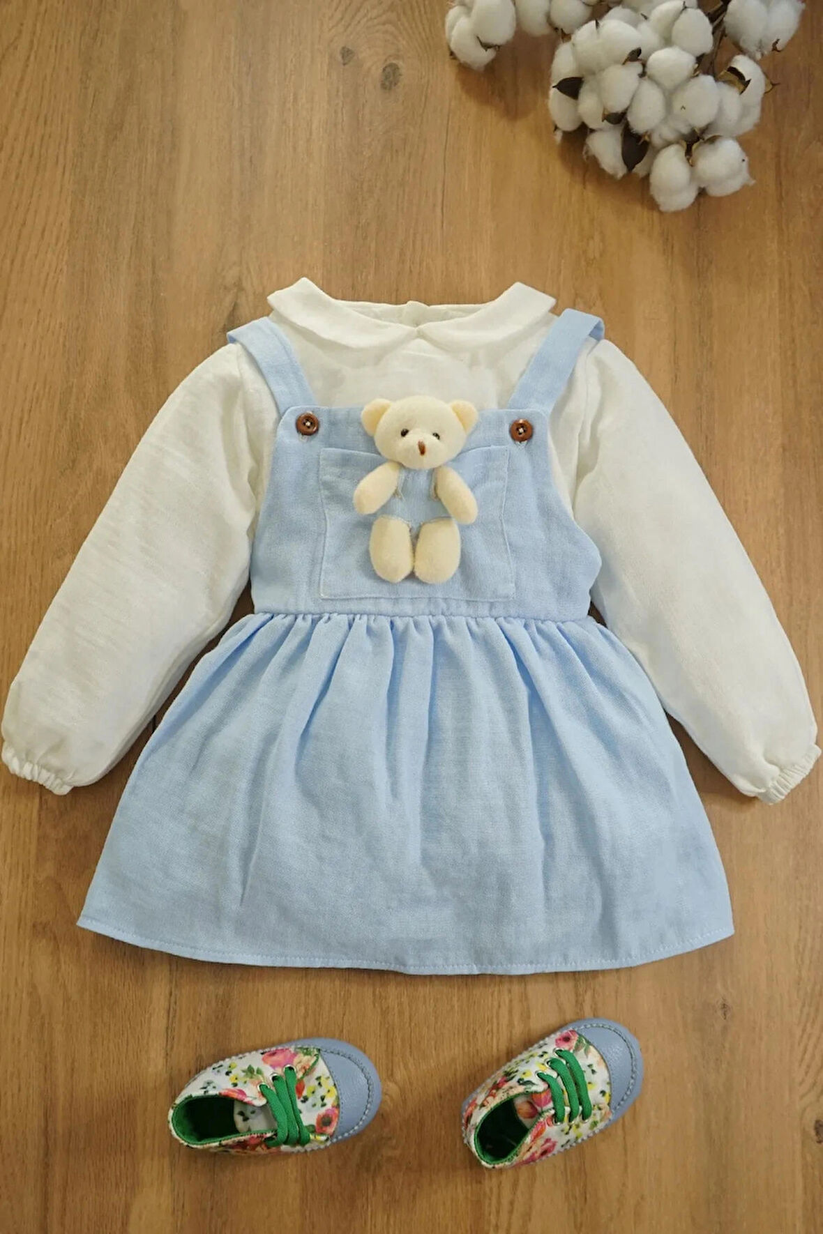 Kız Bebek Ve Çocuk Gömlekli Ayıcıklı Müslin Elbise