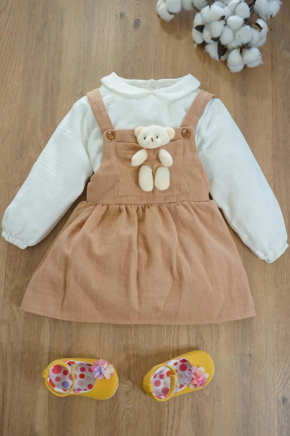 Kız Bebek Ve Çocuk Gömlekli Ayıcıklı Müslin Elbise