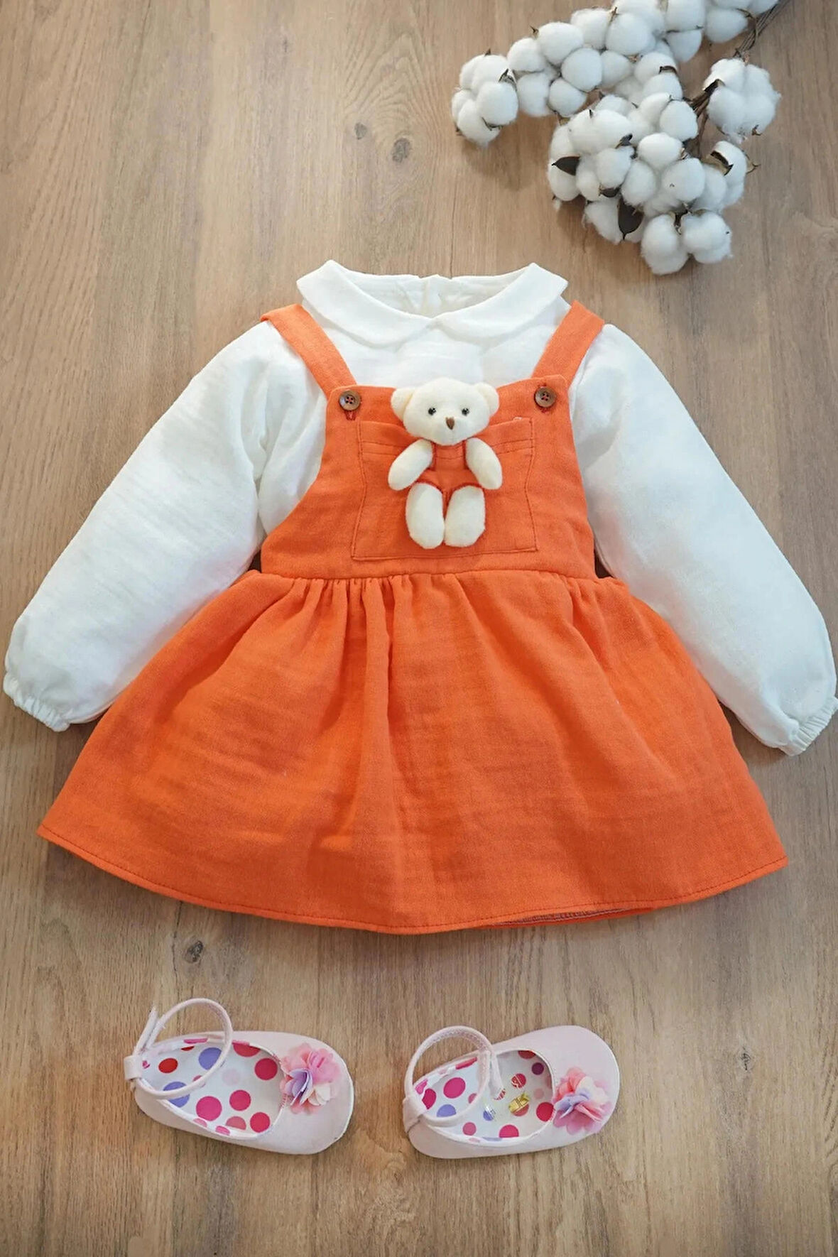 Kız Bebek Ve Çocuk Gömlekli Ayıcıklı Müslin Elbise