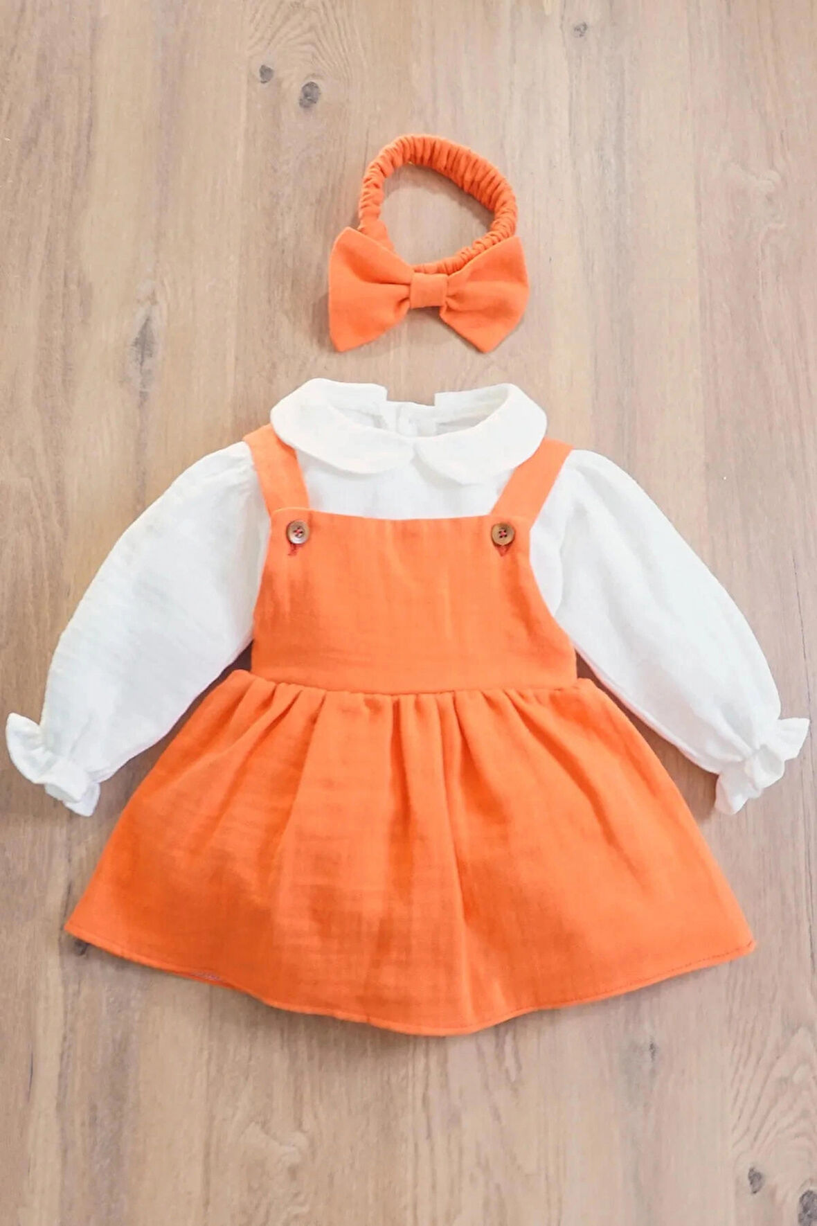 Kız Bebek Ve Çocuk Gömlekli Bandanalı Müslin Elbise