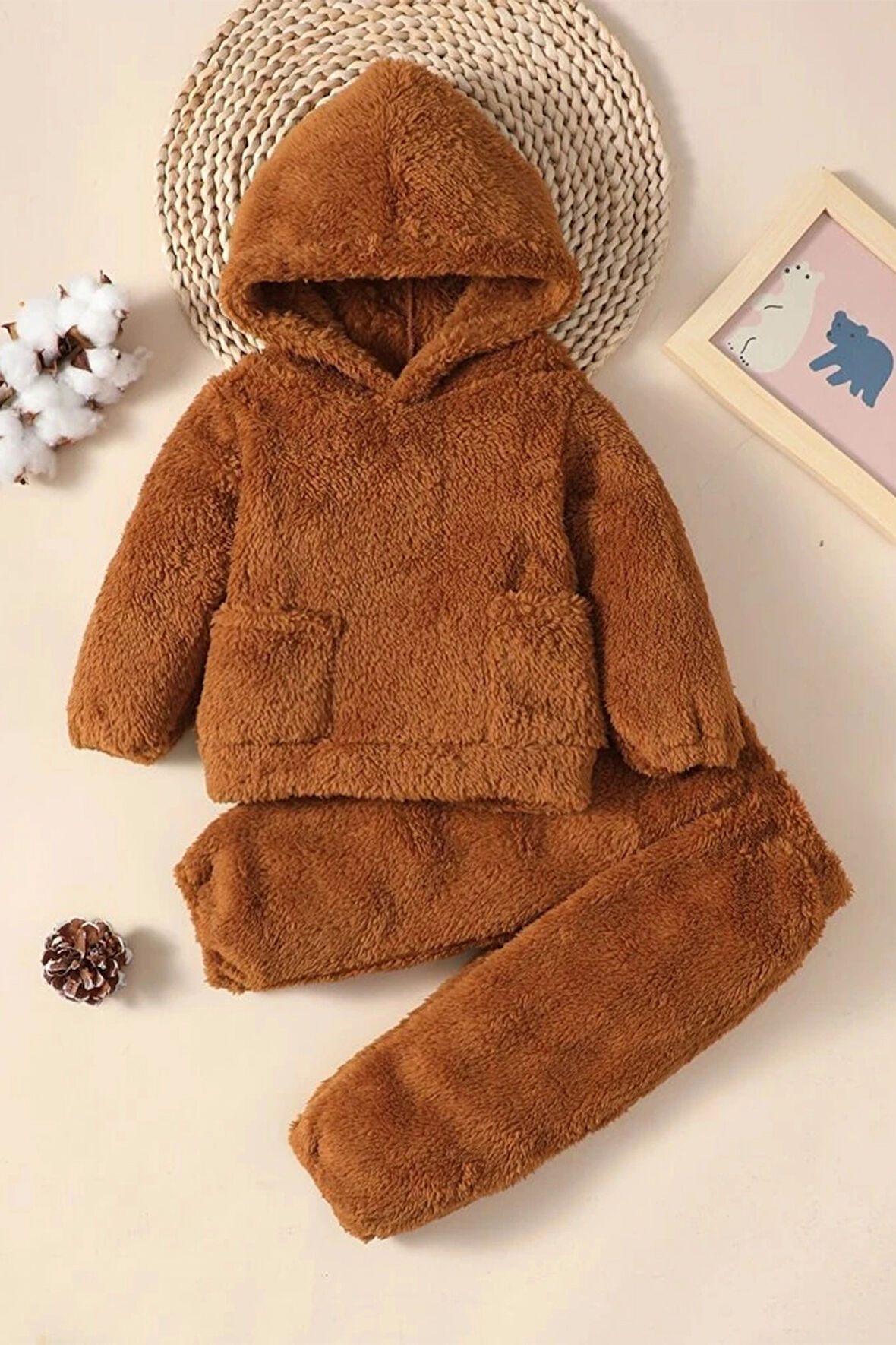 Kız Erkek Bebek Ve Çocuk Kapüşonlu Peluş Alt Üst İkili Takım