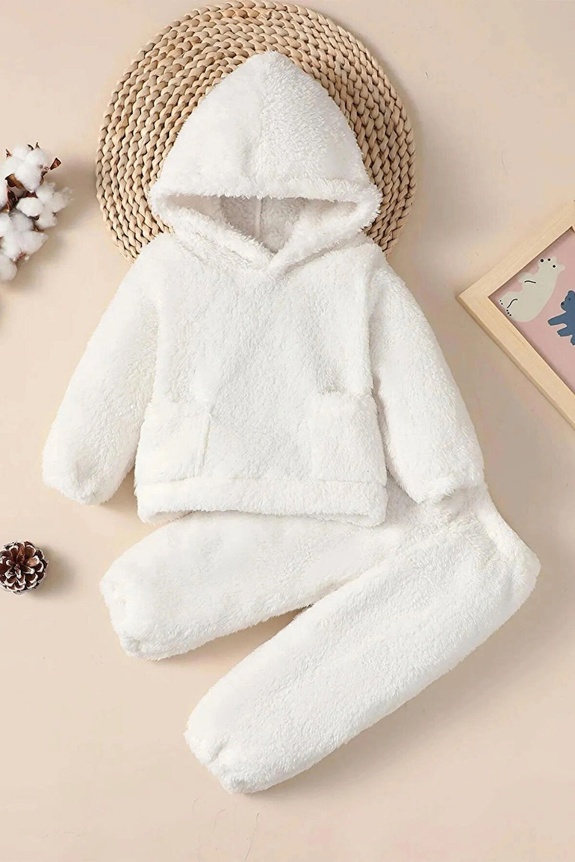 Kız Erkek Bebek Ve Çocuk Kapüşonlu Peluş Alt Üst İkili Takım