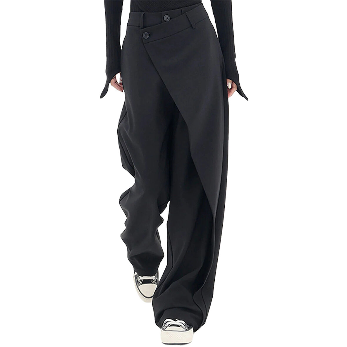 X Nurbeli Siyah Kadın Düğme Kapama Asimetrik Tasarımlı Palazzo Pantolon