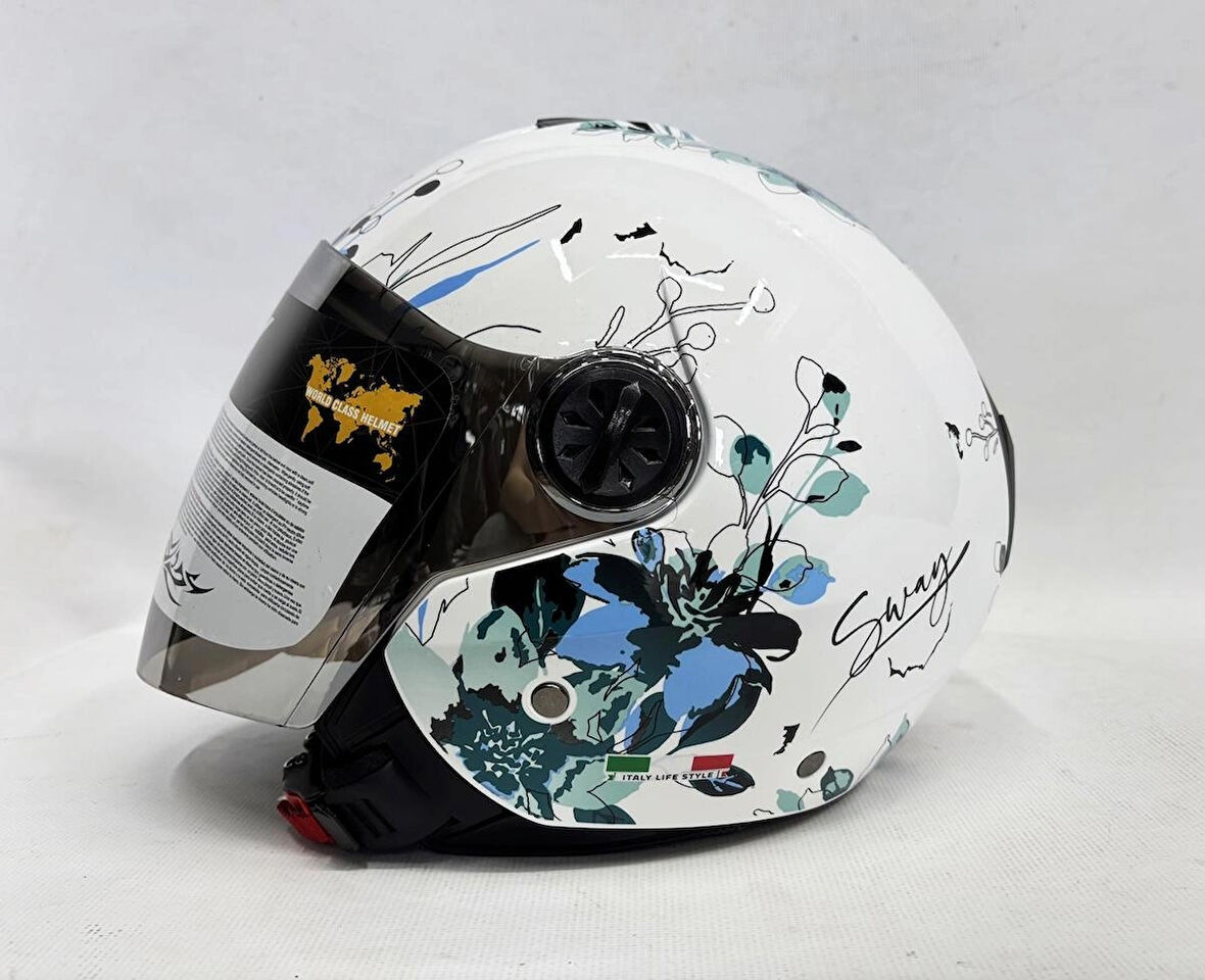 Sway 715 Yarım Kask İris Mavi Beyaz Renk Aynalı Renkli Vizör XS