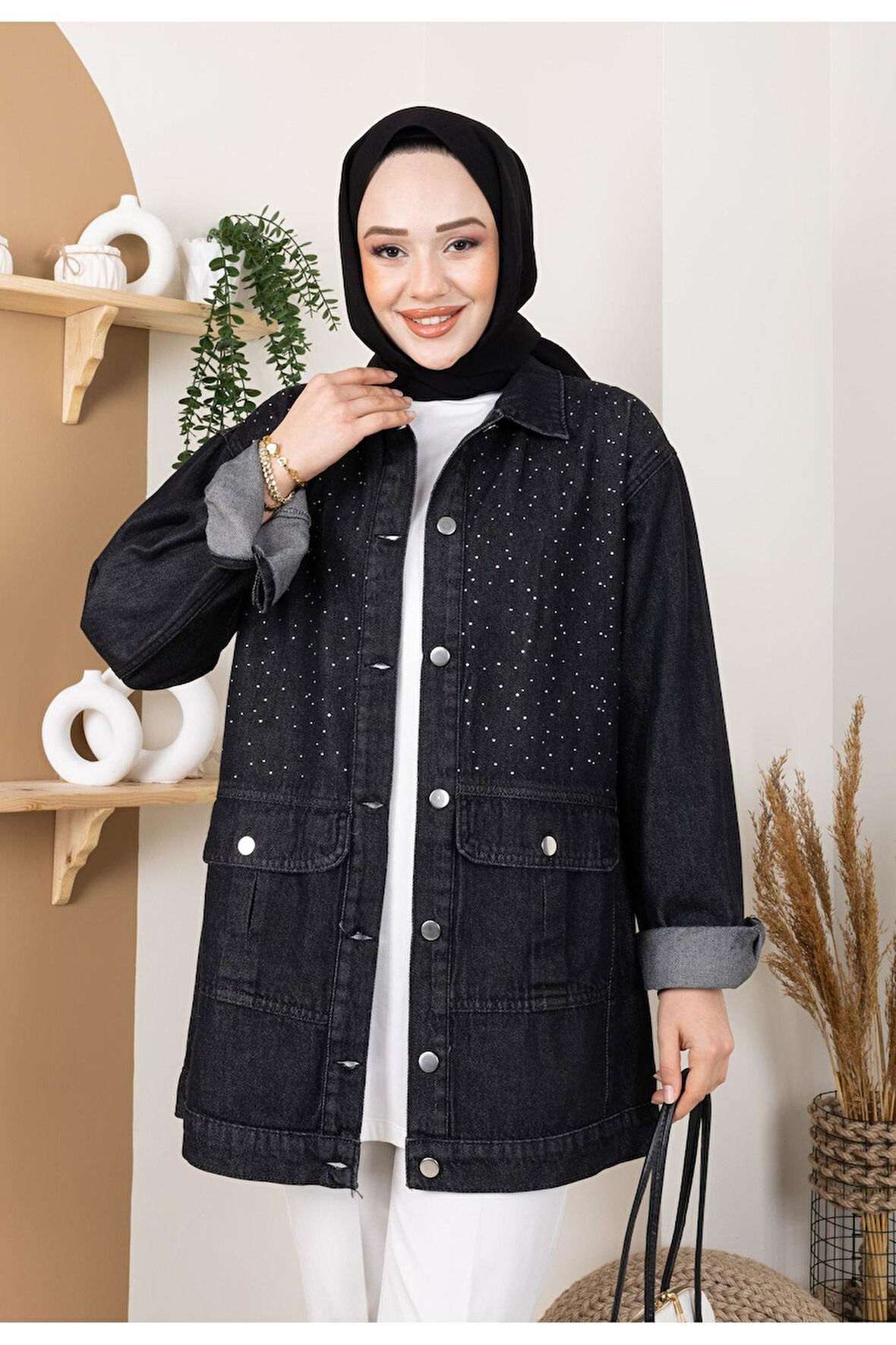 Kadın Taş Detaylı Cepli Kot Ceket