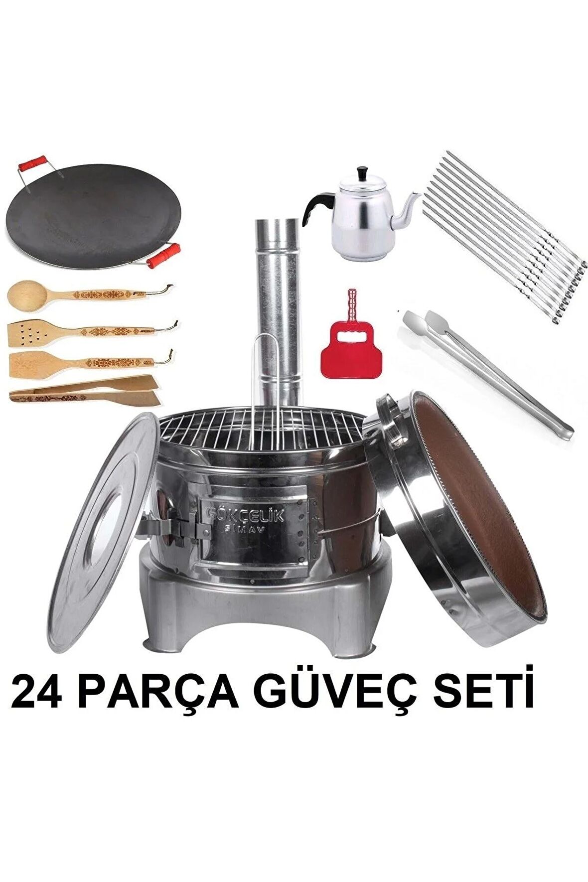 24 Parça Krom Güveç Seti Toprak Tandır Kavurma Sacı Soba Çaydanlık Mangal Çaydanlık şişler