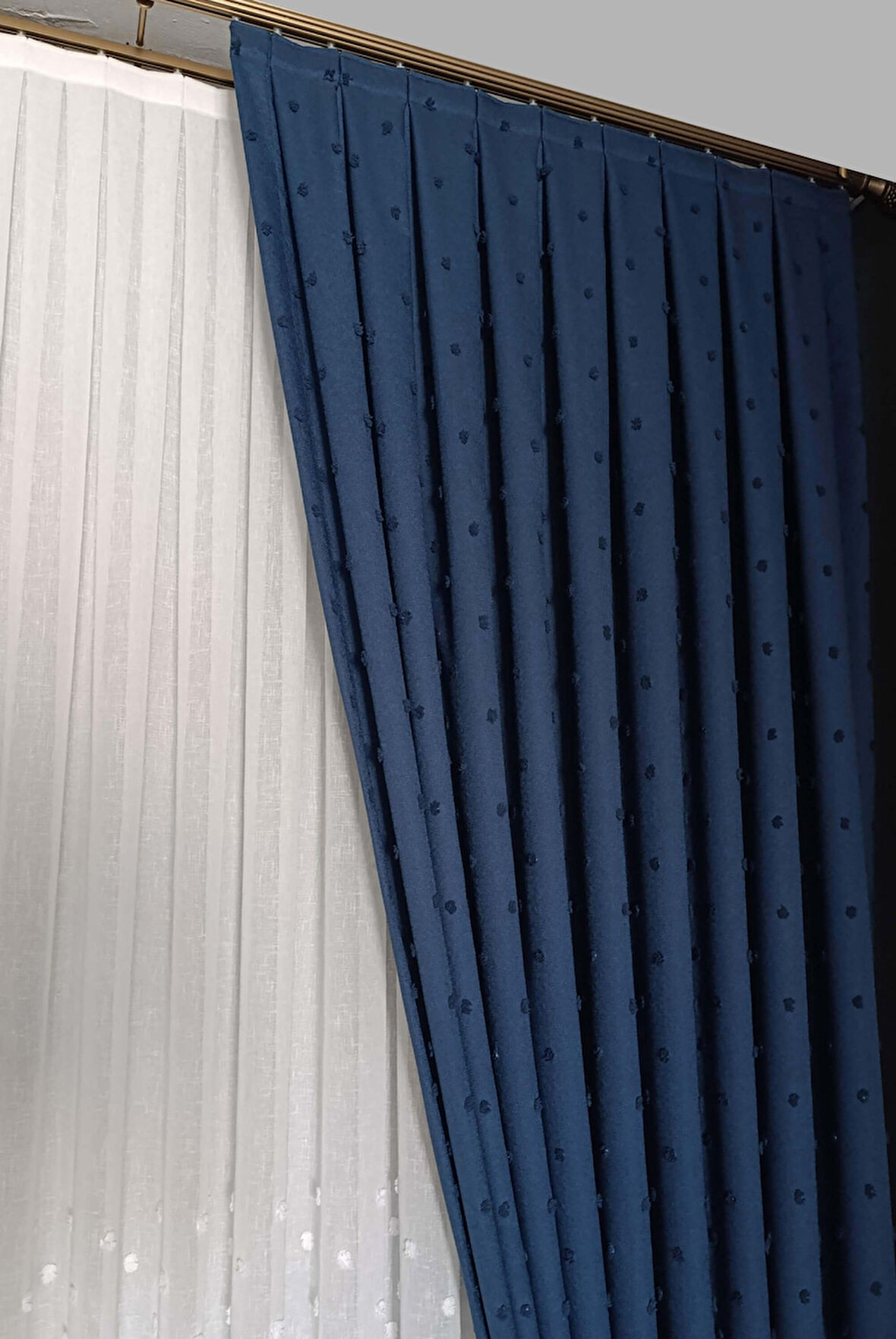 İskandinav Ponponlu Mavi Fon Perde | 1x3 Sık pile