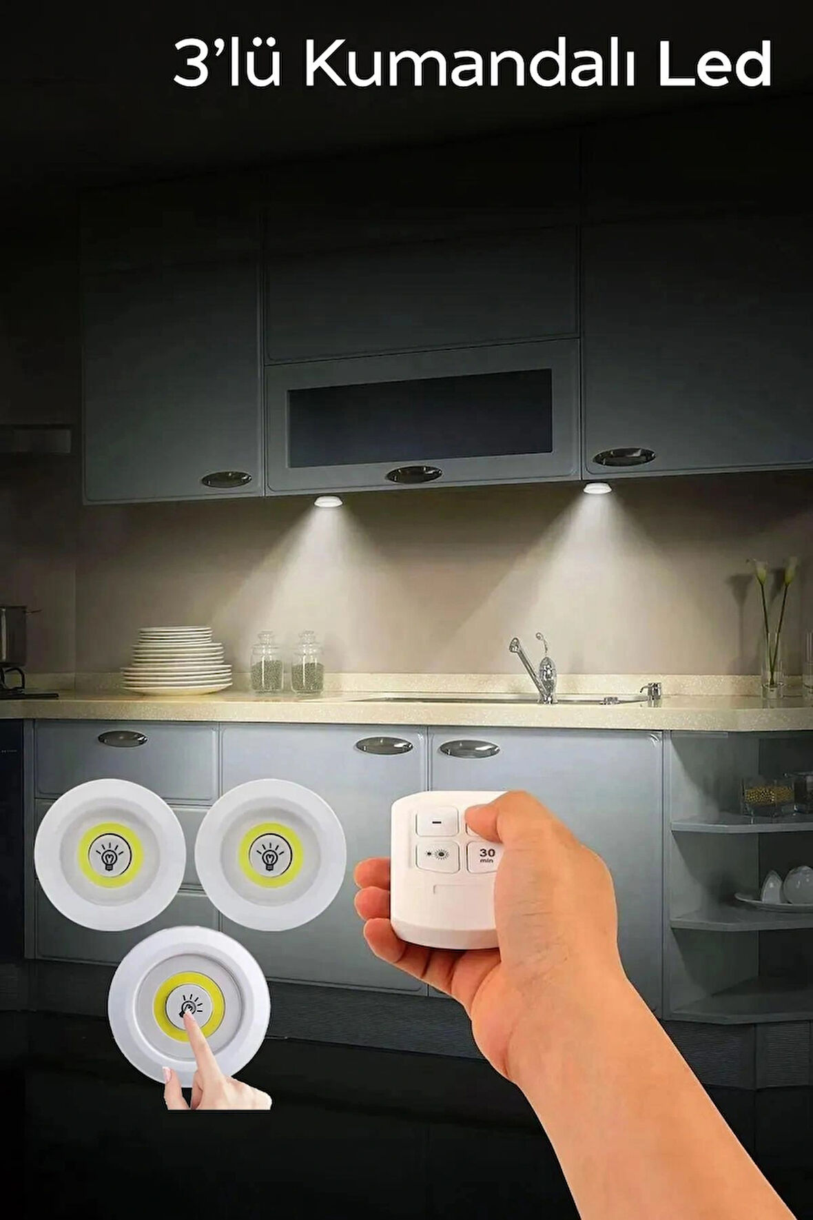 3'lü Uzaktan Kumandalı Led Aydınlatma Dolap Altı, Dolap İçi Lamba
