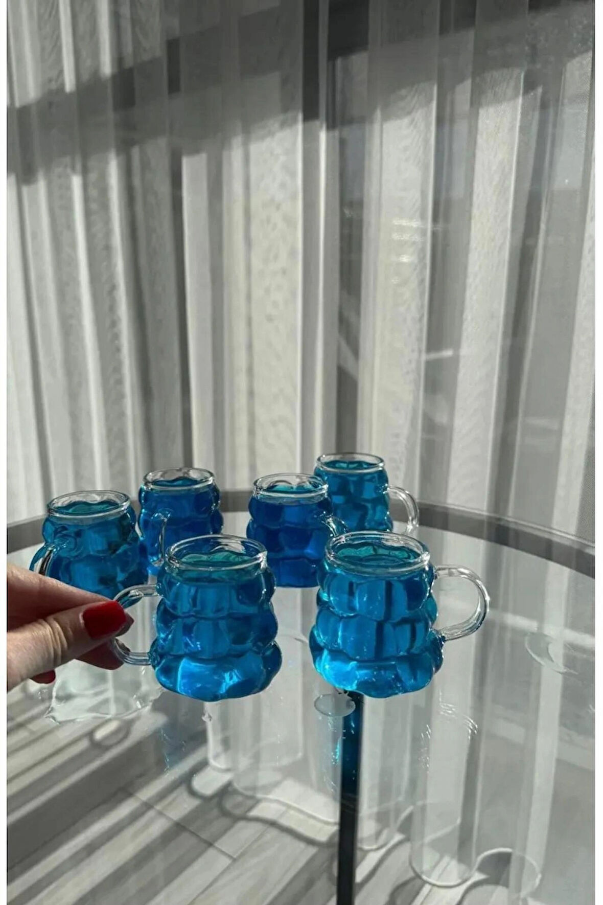 6'lı Kulplu Boncuk Kahve Yanı Bardak, Mini Üzüm Bardak Boncuk Şekilli Bardak 75ml