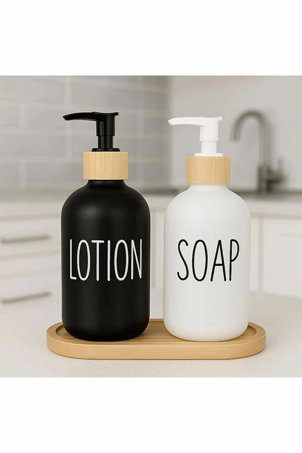 2 Lİ Bambu Standlı Cam Sıvı Sabunluk Losyon Kutusu Kişisel Kozmetik Bakım