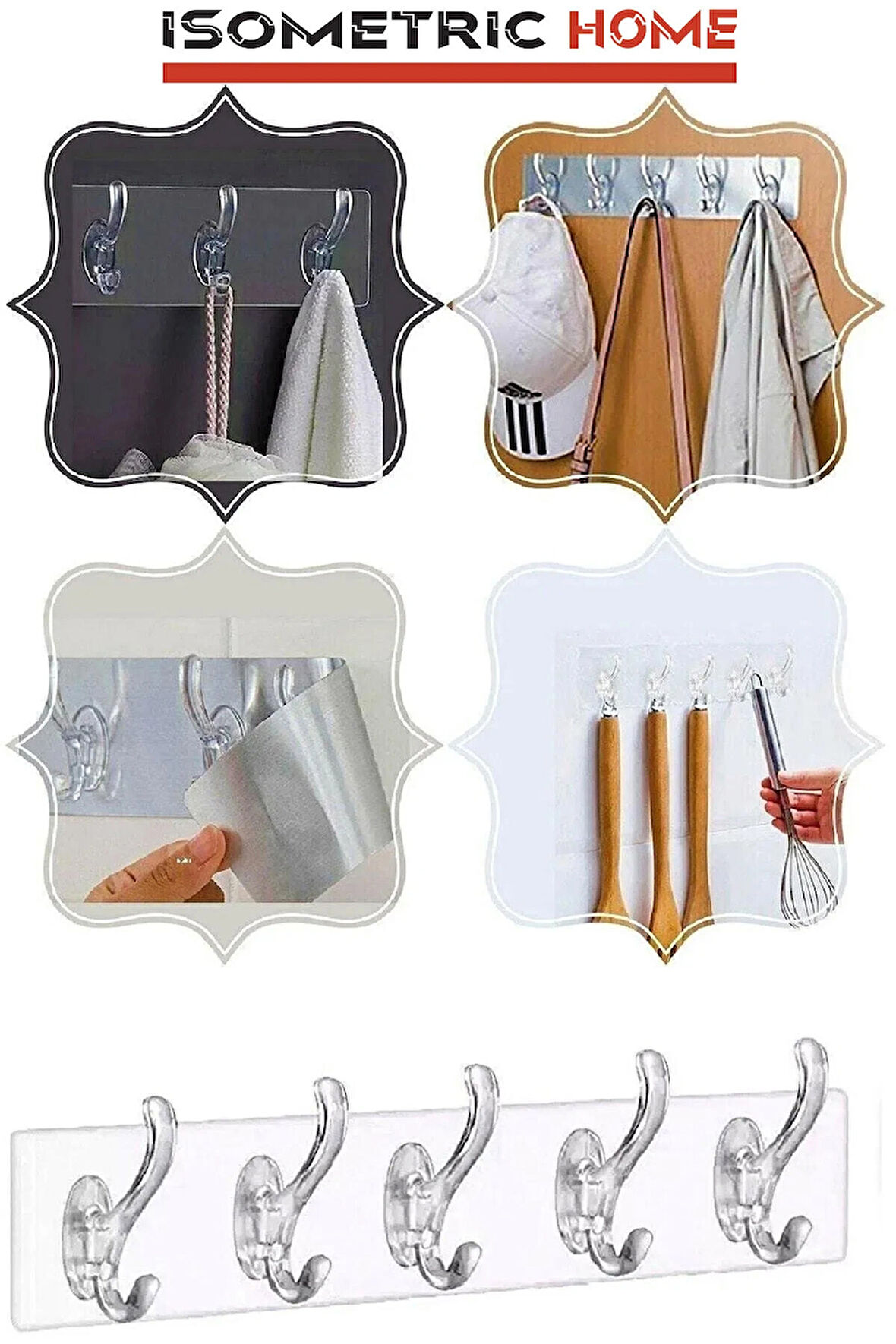 5'li 29*7 Şeffaf Güçlü Kendinden Yapışkanlı Kapı Duvar Askısı Ağır Yük Taşıma