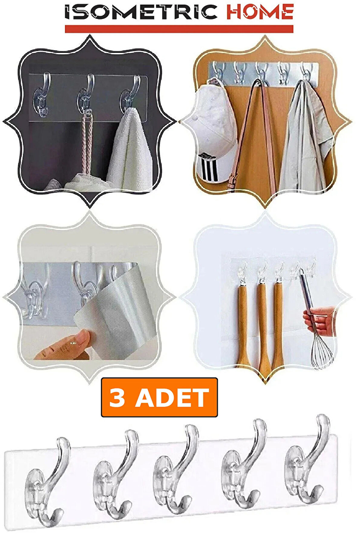 3 Adet 5'li 29*7 Şeffaf Güçlü Kendinden Yapışkanlı Kapı Duvar Askısı Ağır Yük Taşıma