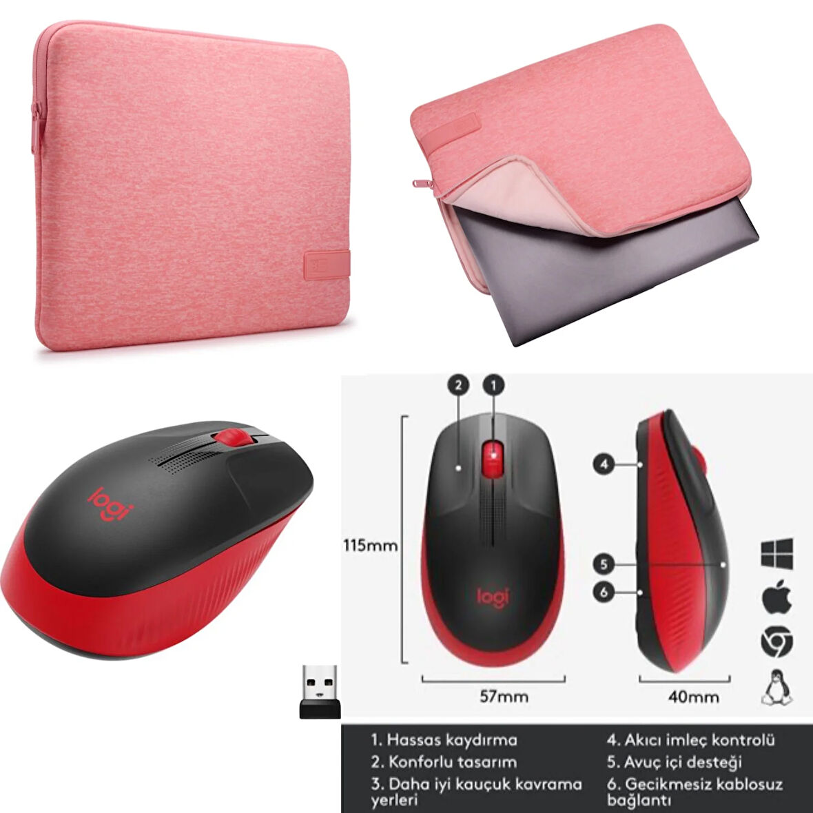 Case Logic Reflect Pembe 35,6 Cm 14 inç+Logitech m191 Siyah Kırmızı Mouse Set