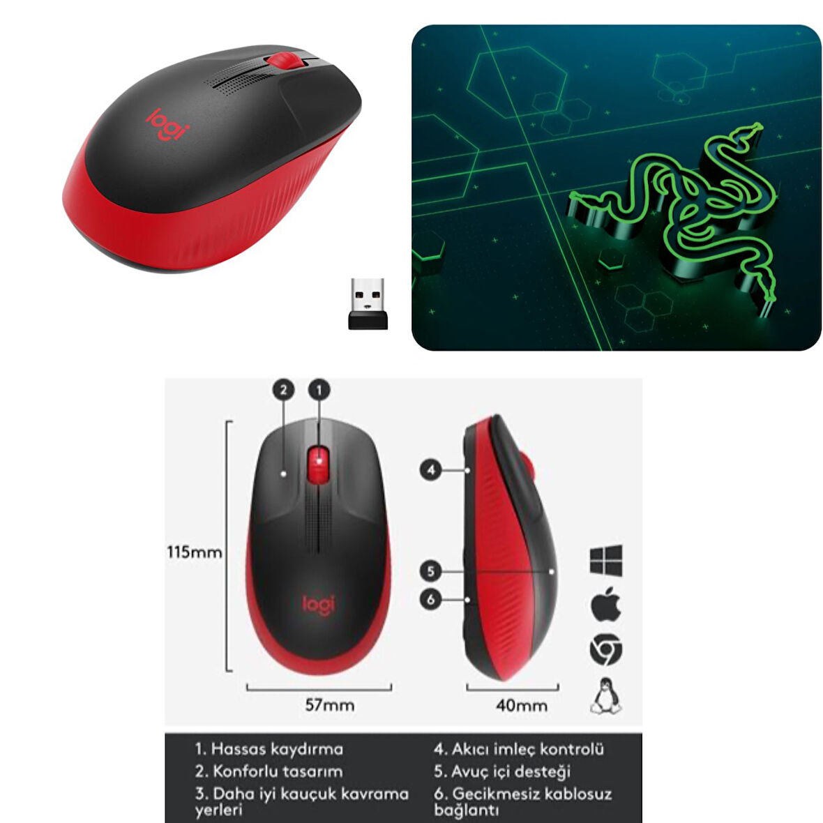 Razer Goliathus Mobile Mini Mousepad+Logitech m191 Mouse Siyah Kırmızı  Set