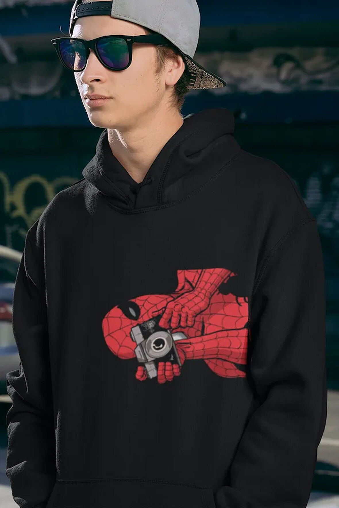 Fotoğraf Çeken Örümcek Adam Baskılı Unisex Oversize Marvel Hoodie
