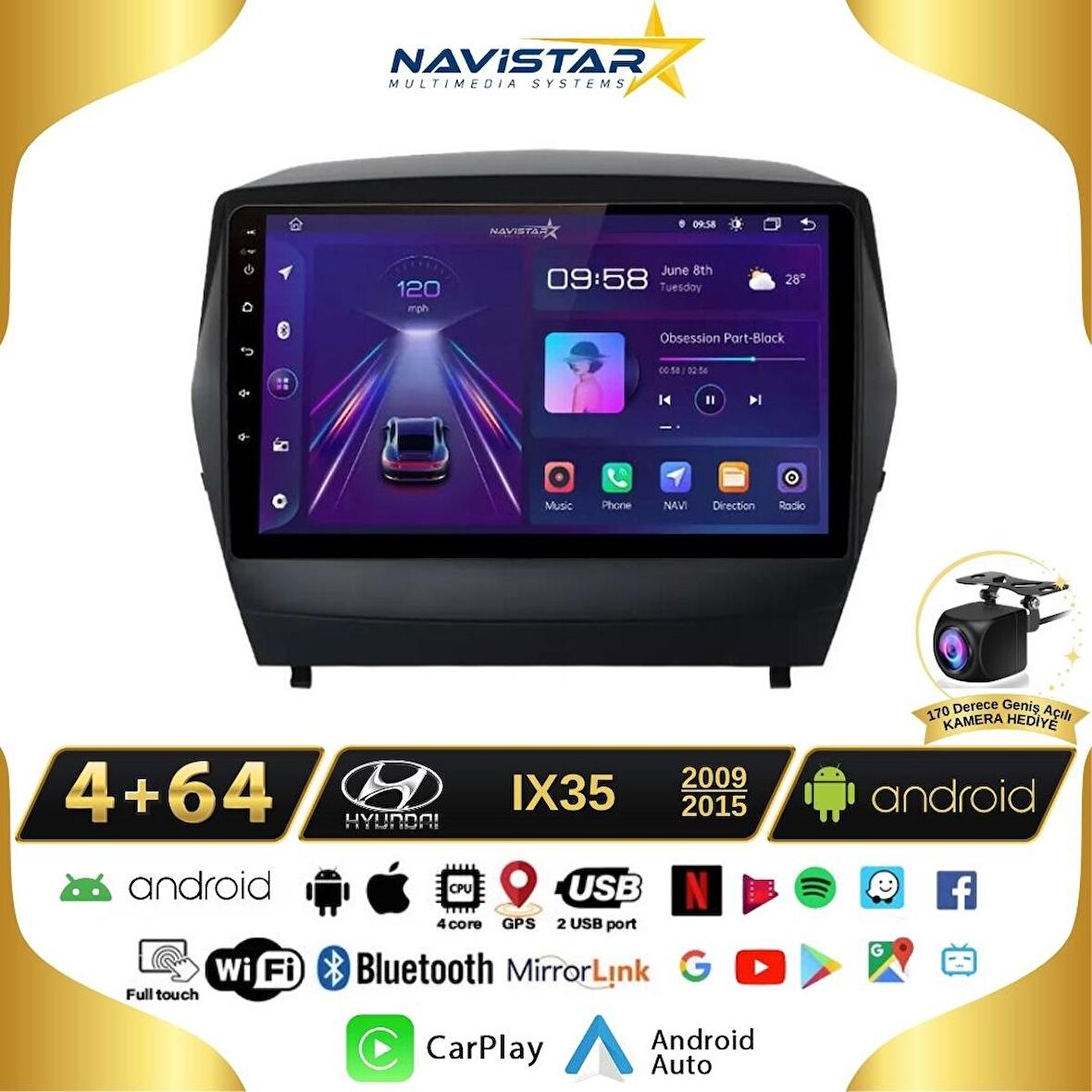 Hyundai IX35 Kablosuz Carplay 4GB + 64GB Android 13 Navigasyon Multimedya Sistemi 2009-2015 