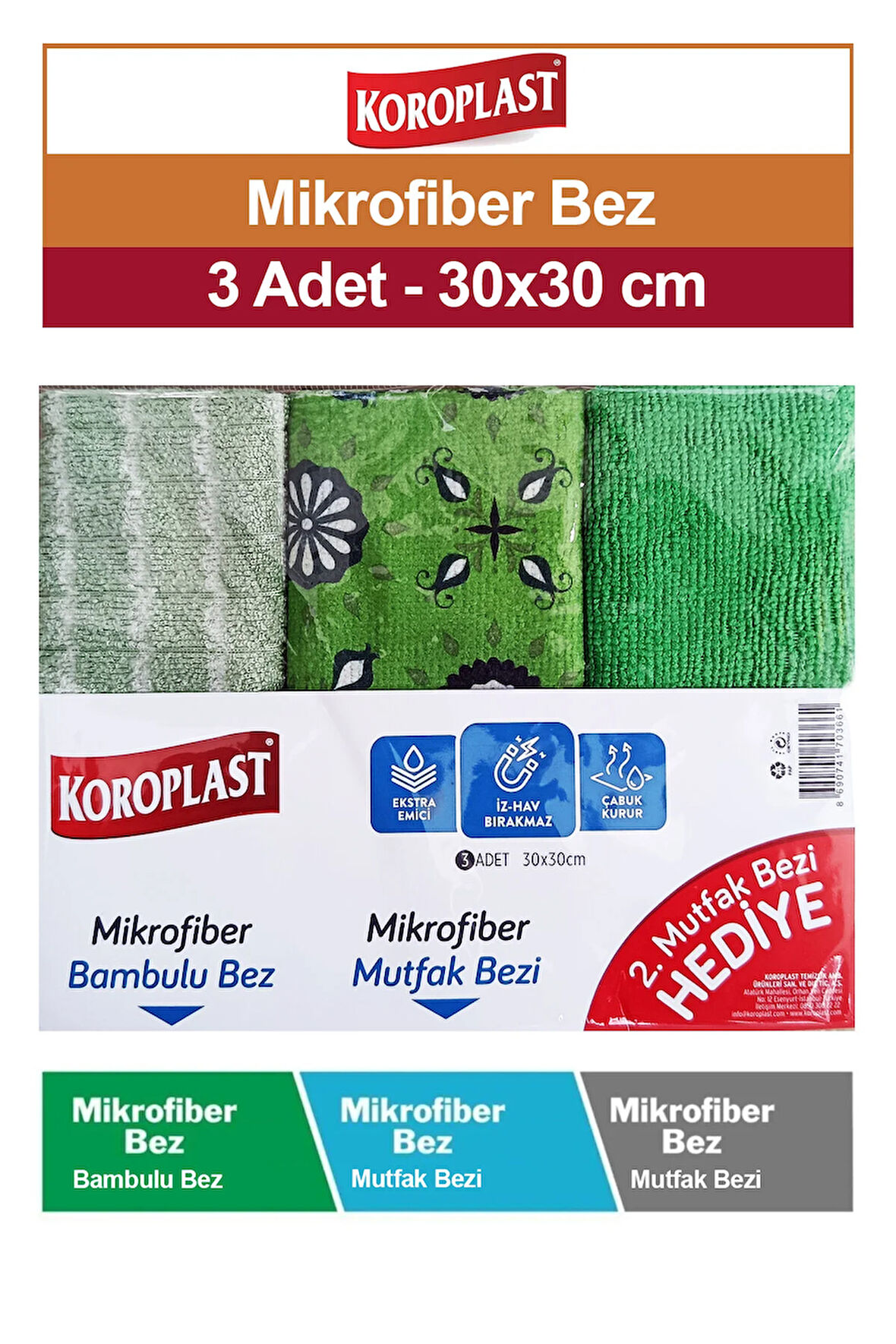 Mikrofiber Bambu Bez ve Mutfak Bezi 30x30 cm 3 adet