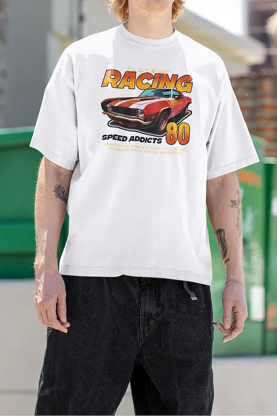 Racing 80 Speed Addicts Baskılı Unisex Tişört, Oversize Araba Tişört