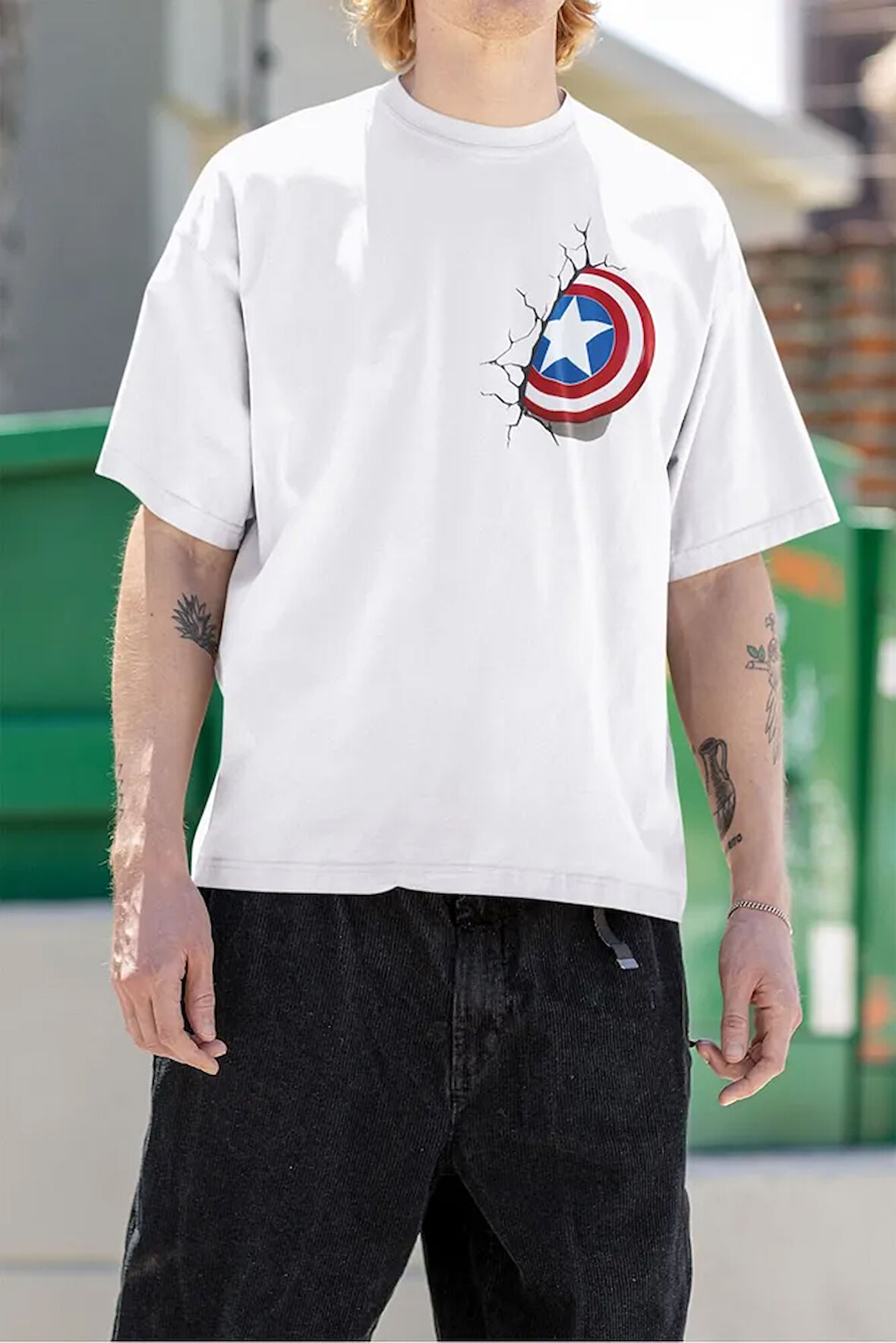 Kaptan Amerika Kalkanı Baskılı Unisex Tişört, Oversize Marvel Kahraman Tişört