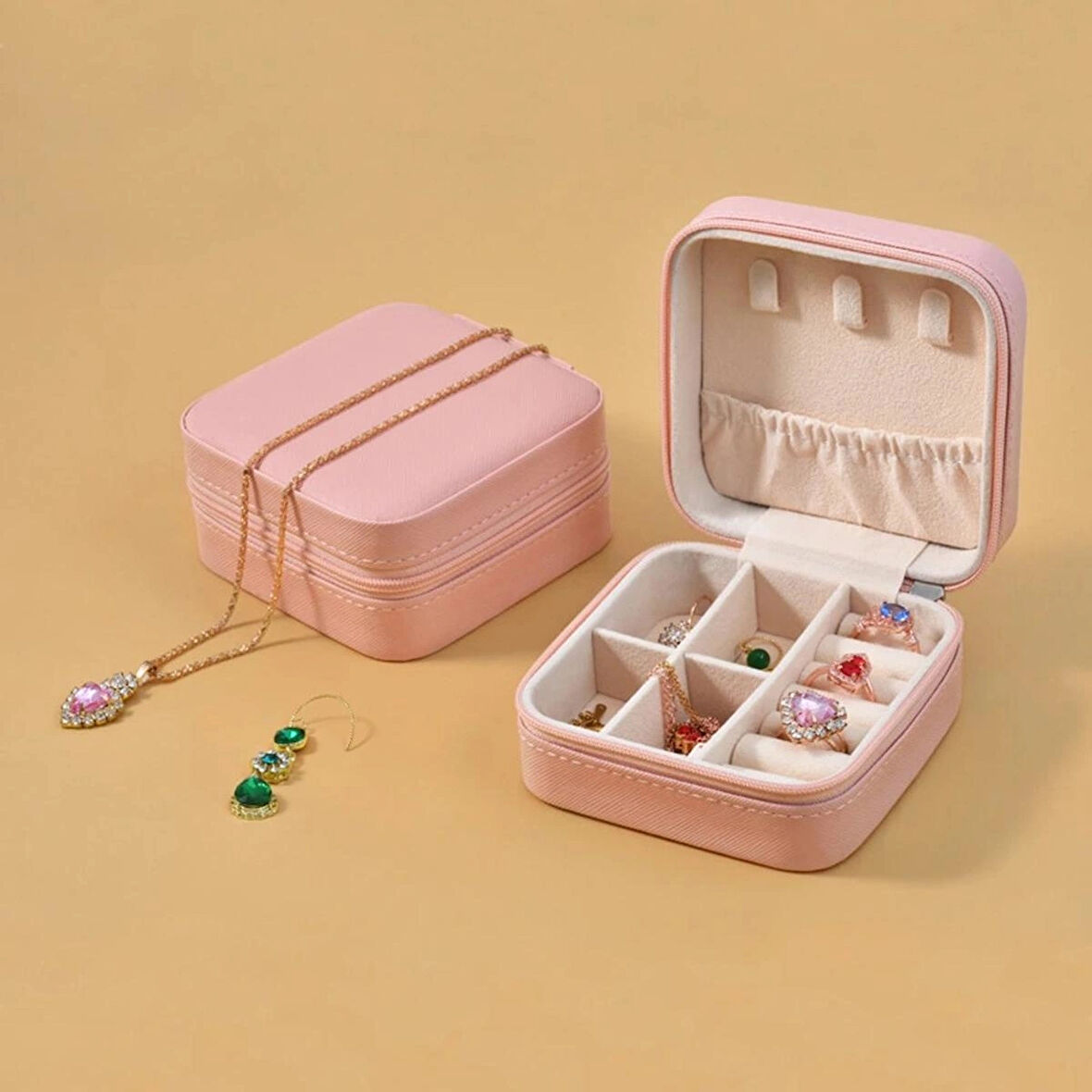 Mini Mücevher Takı Kutusu - Kolye, Yüzük, Küpe Düzenleyici Seyahat Takı Çantası Pembe