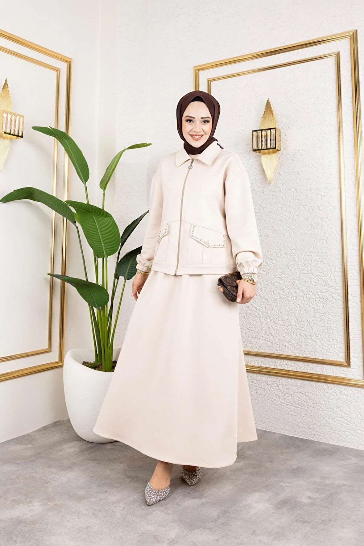 Kadın 2Li Cep Taş Detaylı Ceket Etek Sucuba Takım