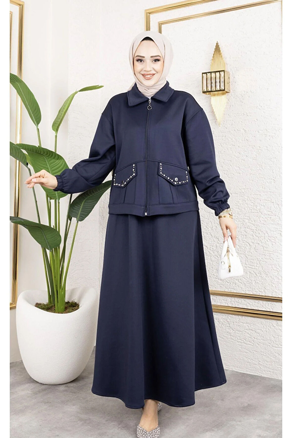 Kadın 2Li Cep Taş Detaylı Ceket Etek Sucuba Takım