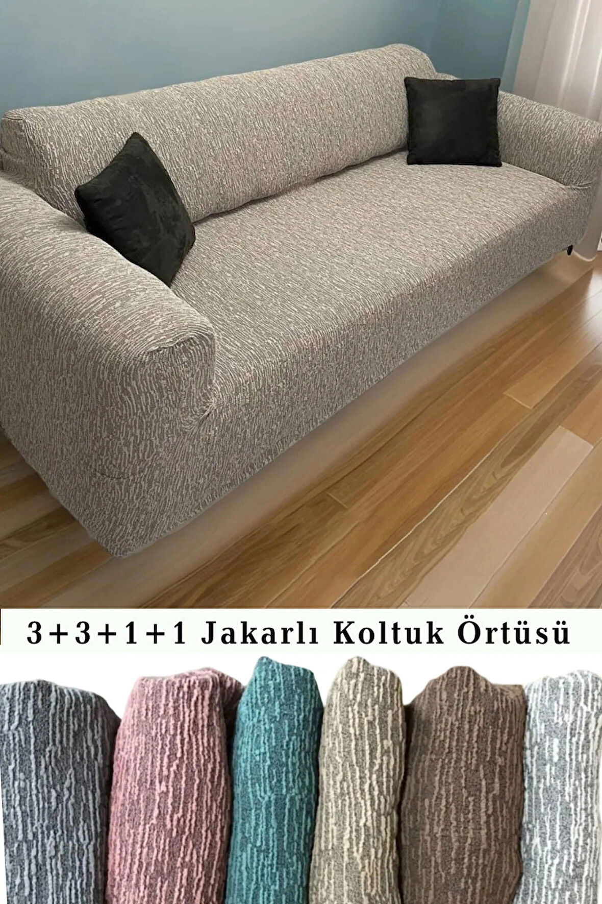  jakarlı 3+3+1+1 koltuk örtüsü | kanepe kılıfı | çekyat örtüsü | chester örtüsü yıkanabilir lastikli esnek Vizon