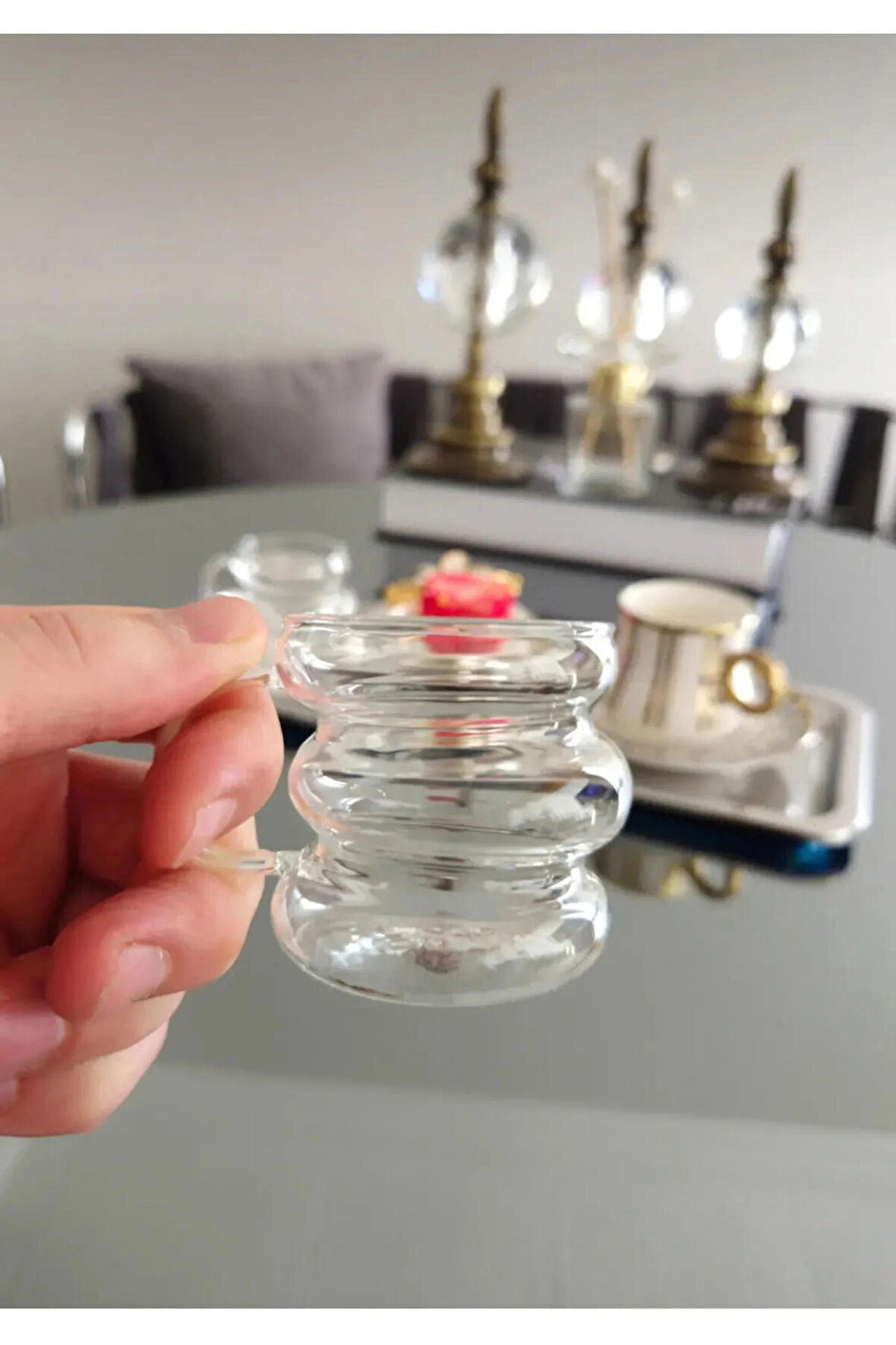 6lı Kulplu Şerit Kahve Yanı Bardak 6 Adet Mini Kulplu Şerit Bardak Şekilli Kahve Yanı Sunum Bardağı