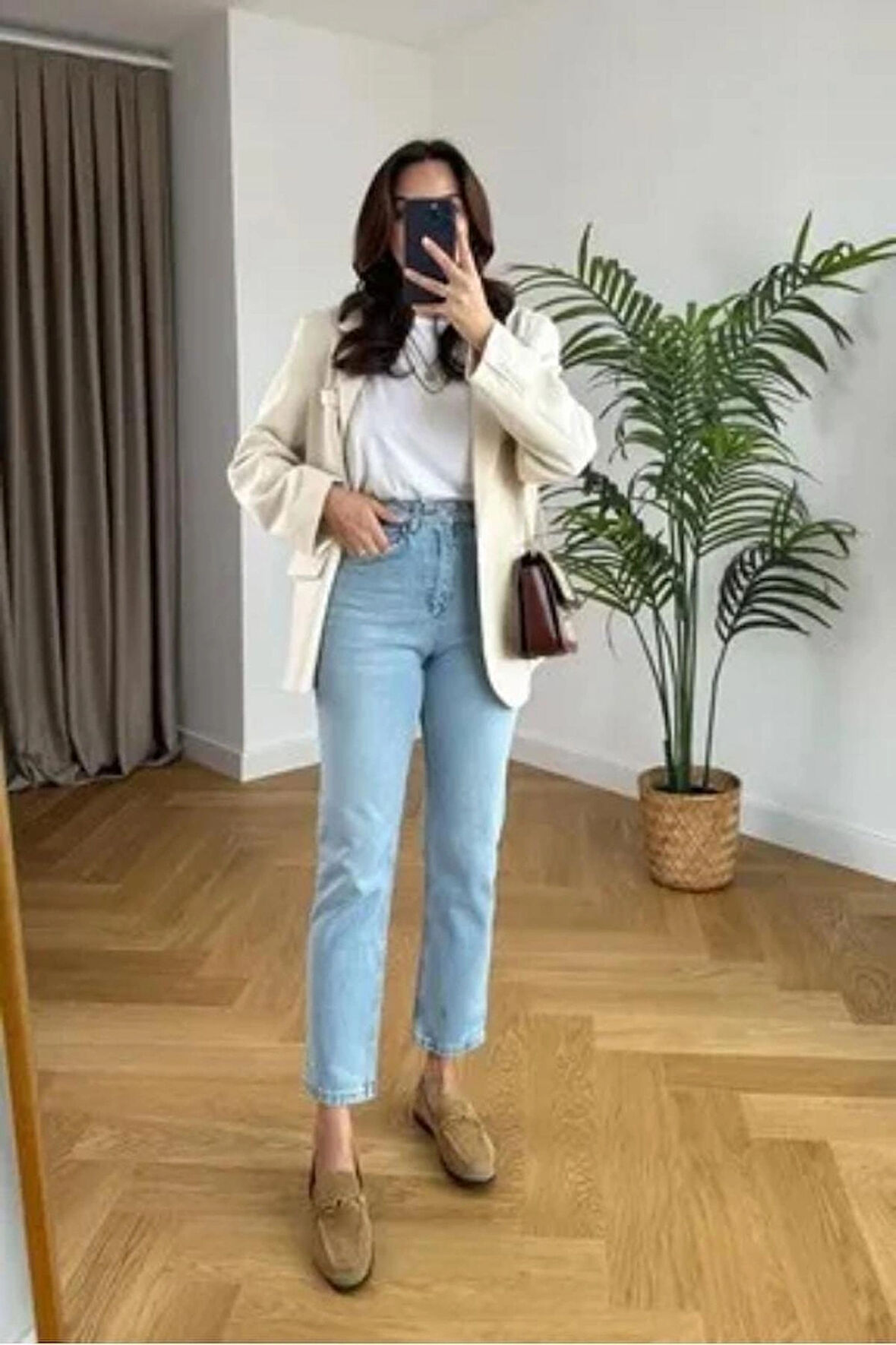  Kadın Kar Yıkama Yüksek Bel Likralı Mom Jeans Pantolon