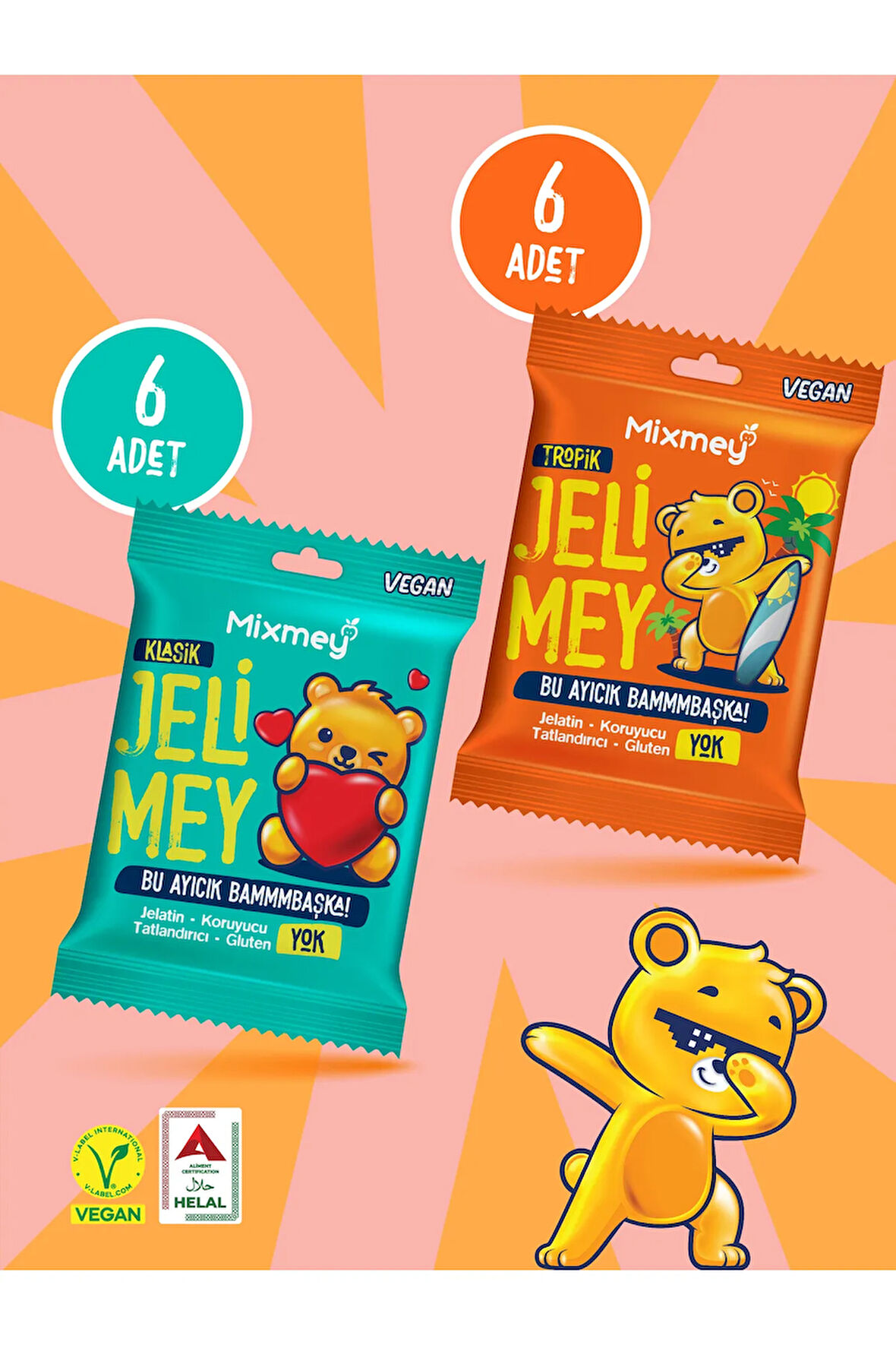 Mixmey Jelimey Klasik & Tropik Karma 12 Adet X 35 gr | Jelatinsiz Doğal Tropik Lezzet Gummy Bear | Ayıcık