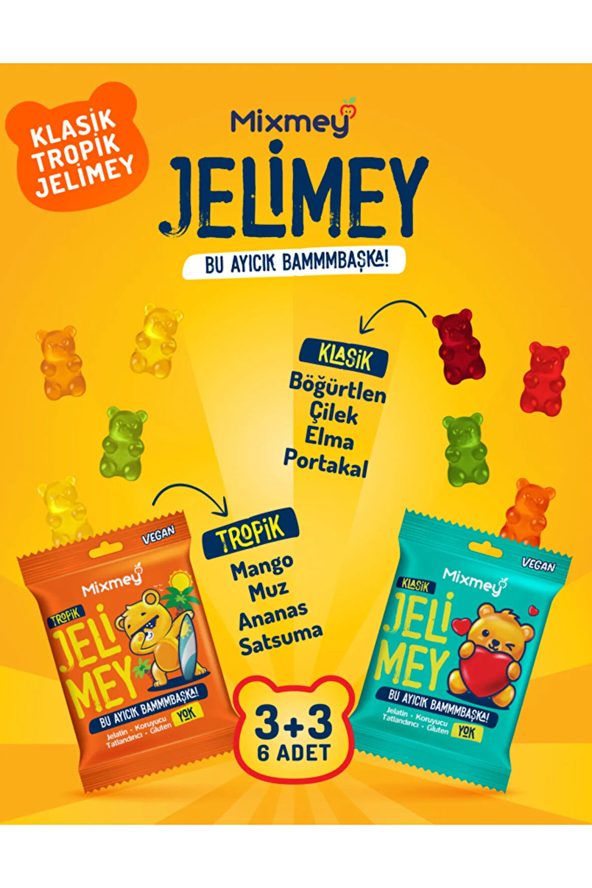 Jelimey Karma 6 Adet x 35 gr | 3 Klasik + 3 Tropik Jelatinsiz Doğal Gummy Bear