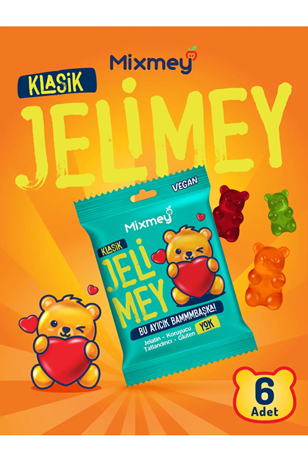 Jelimey Klasik 6 Adet x 35 gr | Jelatinsiz Doğal Klasik Lezzet Gummy Bear | Ayıcık