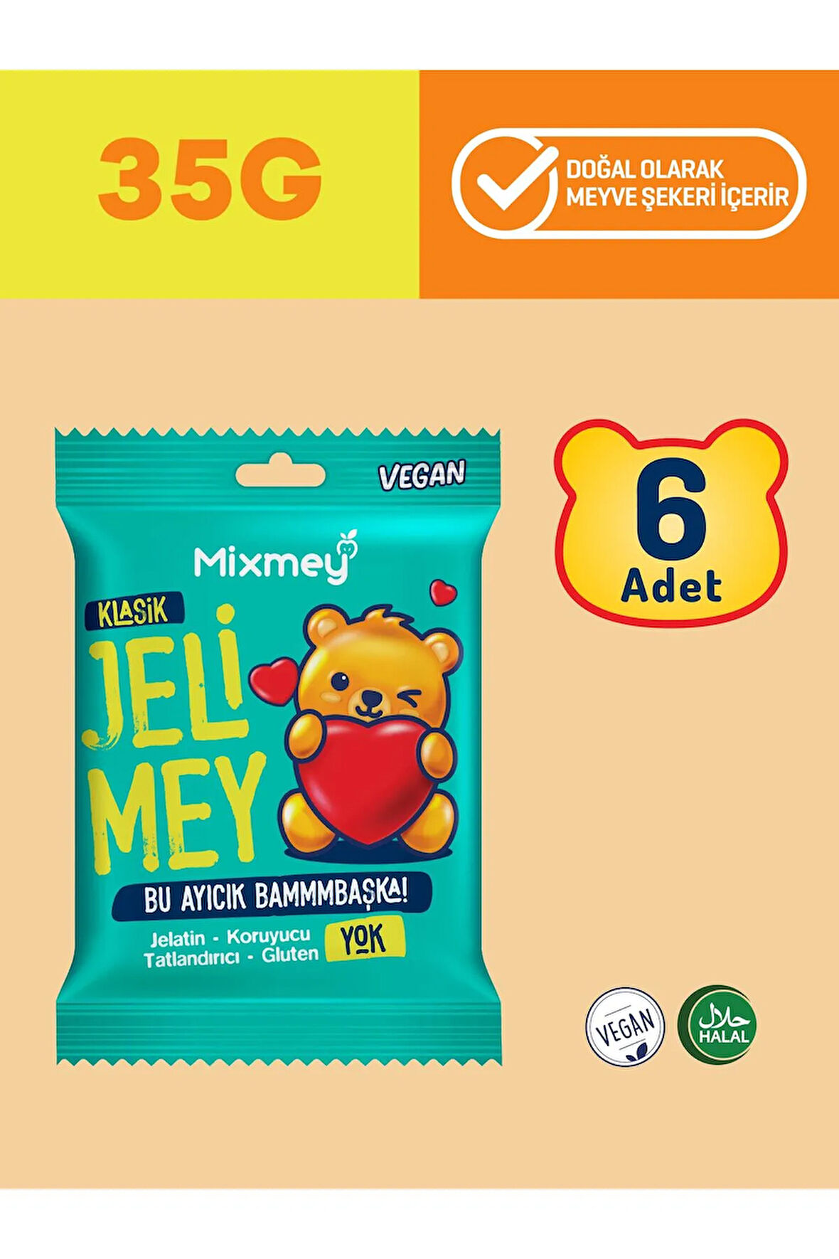 Jelimey Klasik 6 Adet x 35 gr | Jelatinsiz Doğal Klasik Lezzet Gummy Bear | Ayıcık