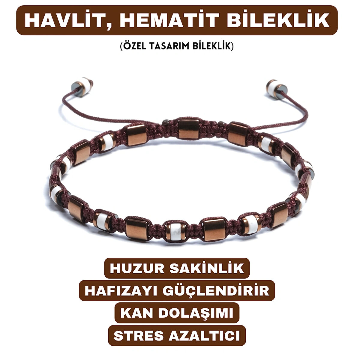 Havlit, Hematit Bileklik - Jagu Bright Brown Bileklik - Tasarım Bileklik 4x6 mm Ayarlanabilir