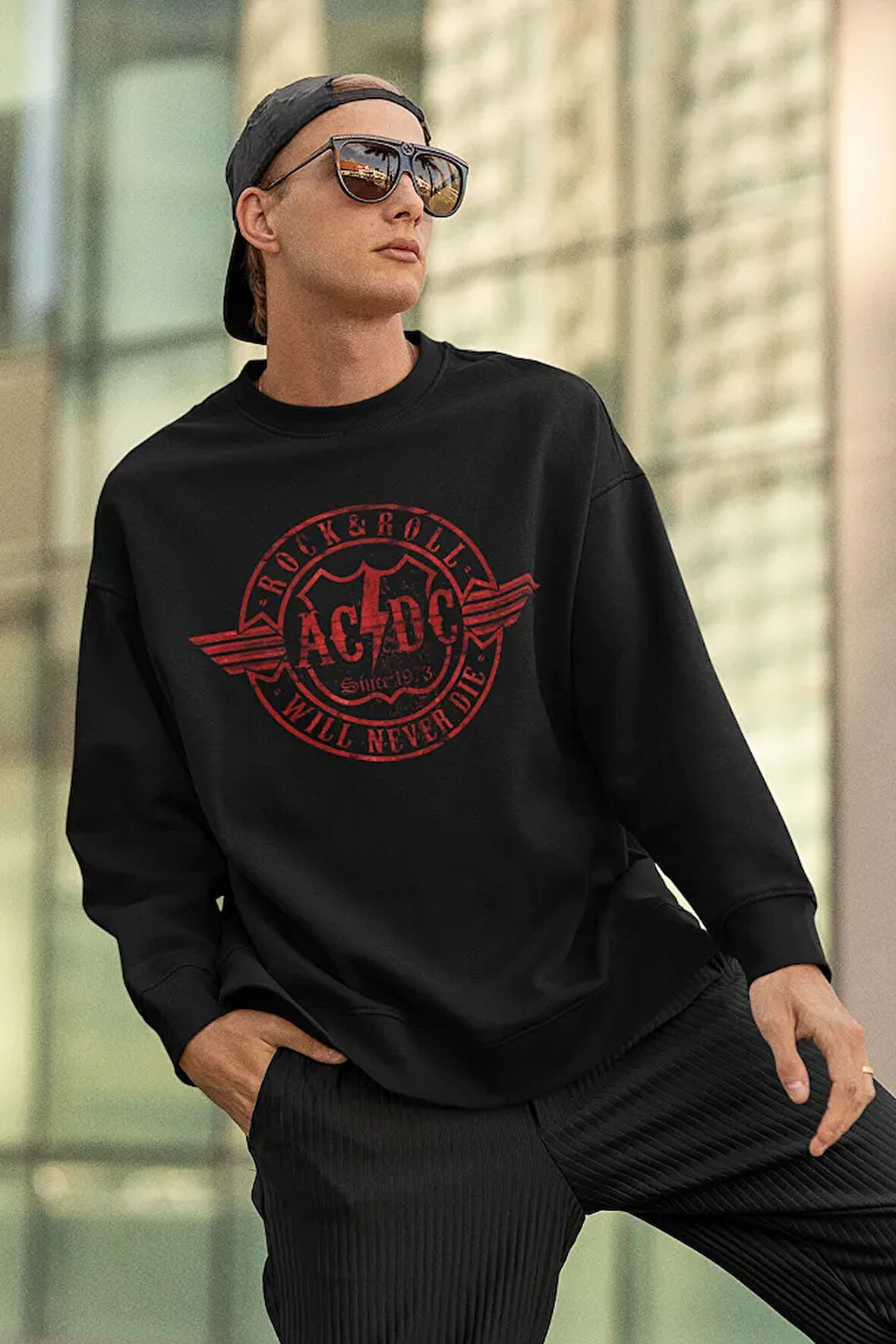 Rock & Roll AC DC Yazılı Unisex Oversize Will Never Die Sweatshirt