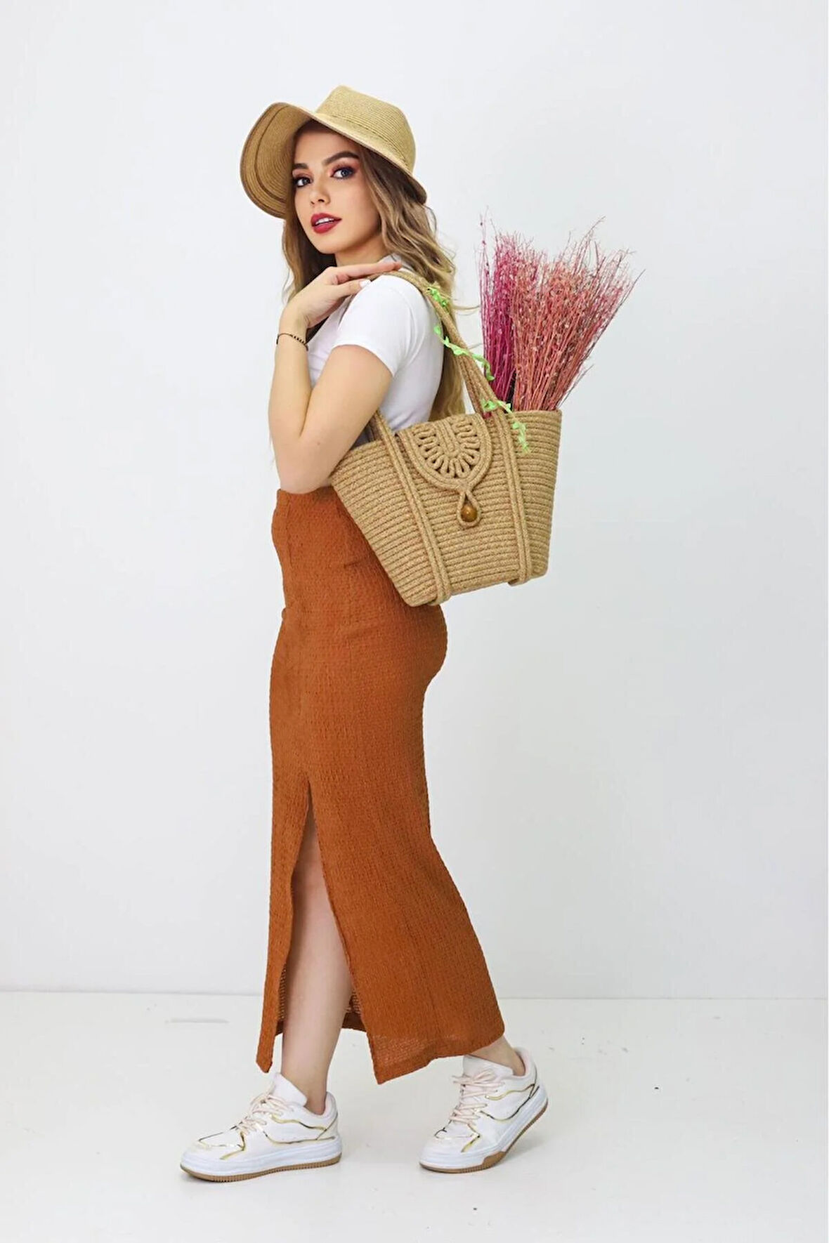 Jutty Kadın Hasır Örgü El ve Omuz Çantası - Doğal Görünümlü Günlük Çanta