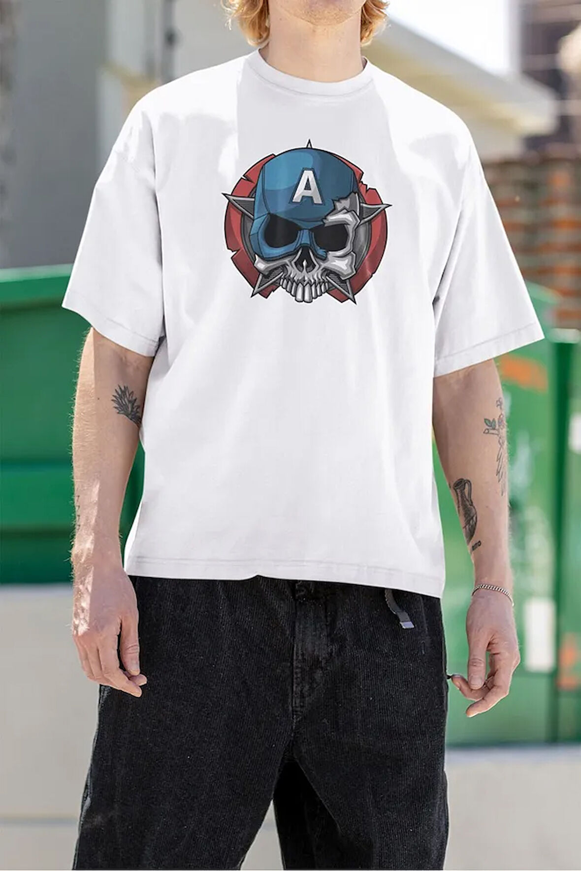 Kuru Kafa Kaptan Amerika Baskılı Unisex Oversize Anime Tişört