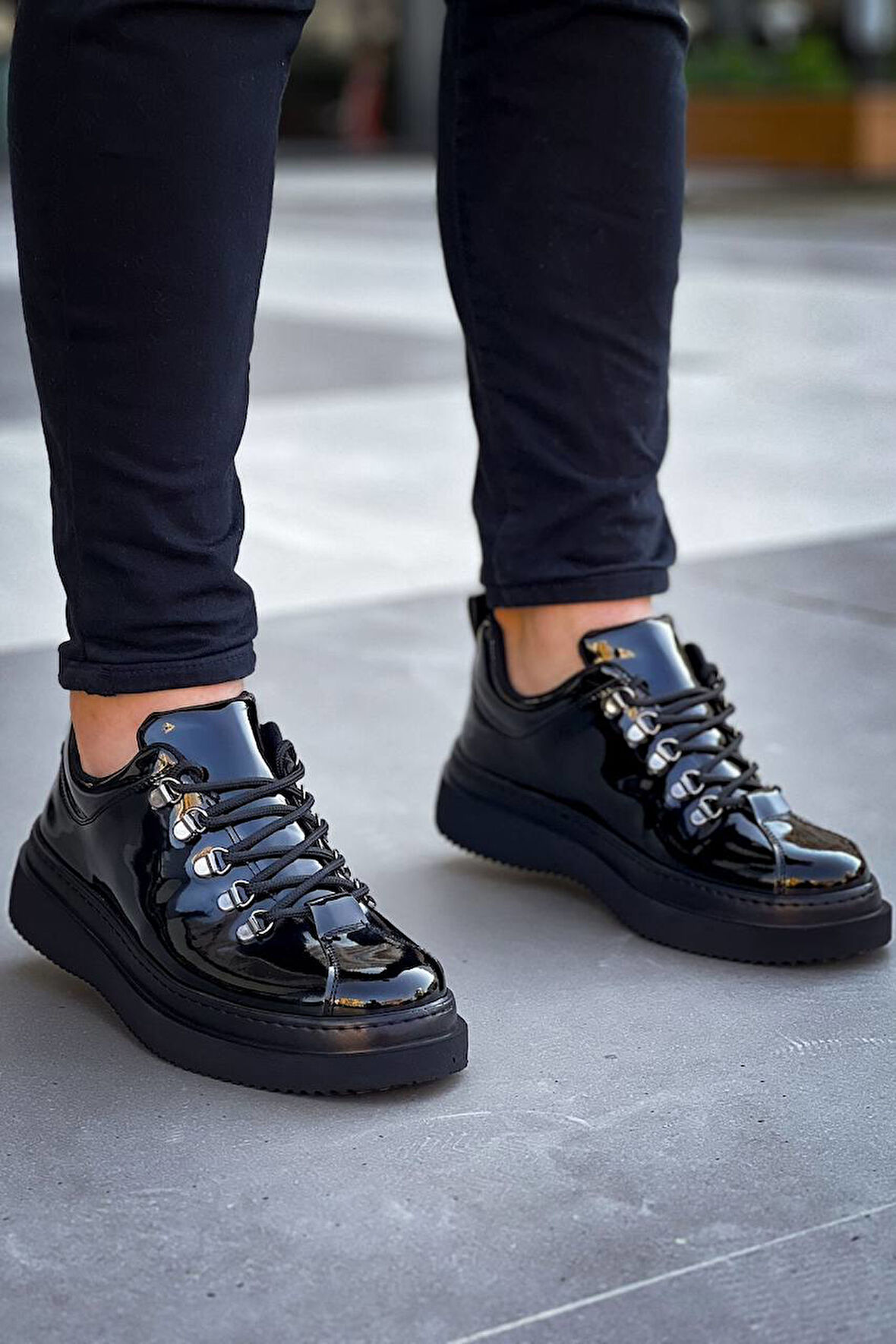 J-X4 Bağcıklı Ortopedik Taban Günlük Rugan Erkek Spor Sneaker Ayakkabı ST Siyah