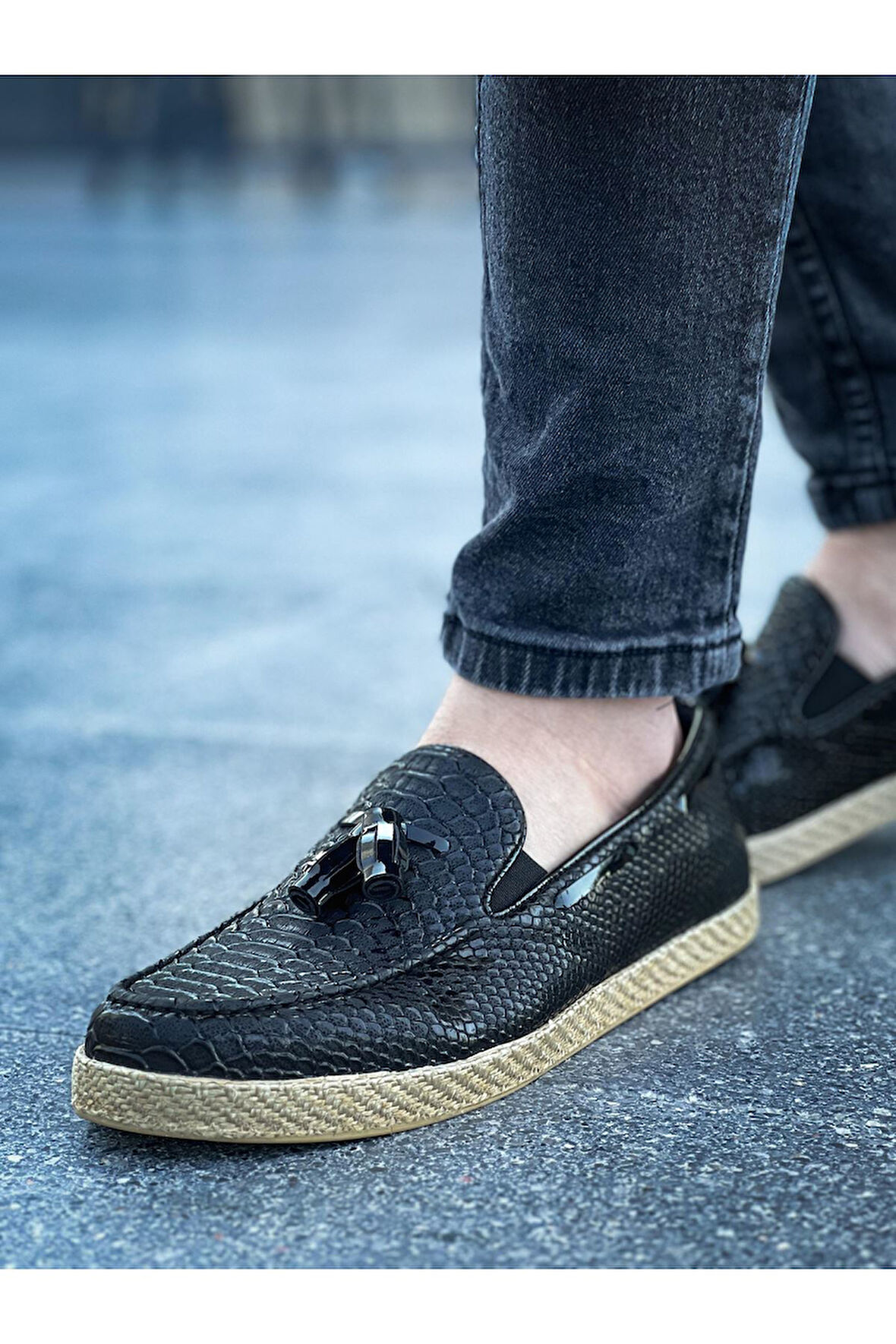 J141 Croco Ortopedik Taban Günlük Püsküllü Erkek Klasik Ayakkabı CHT Siyah