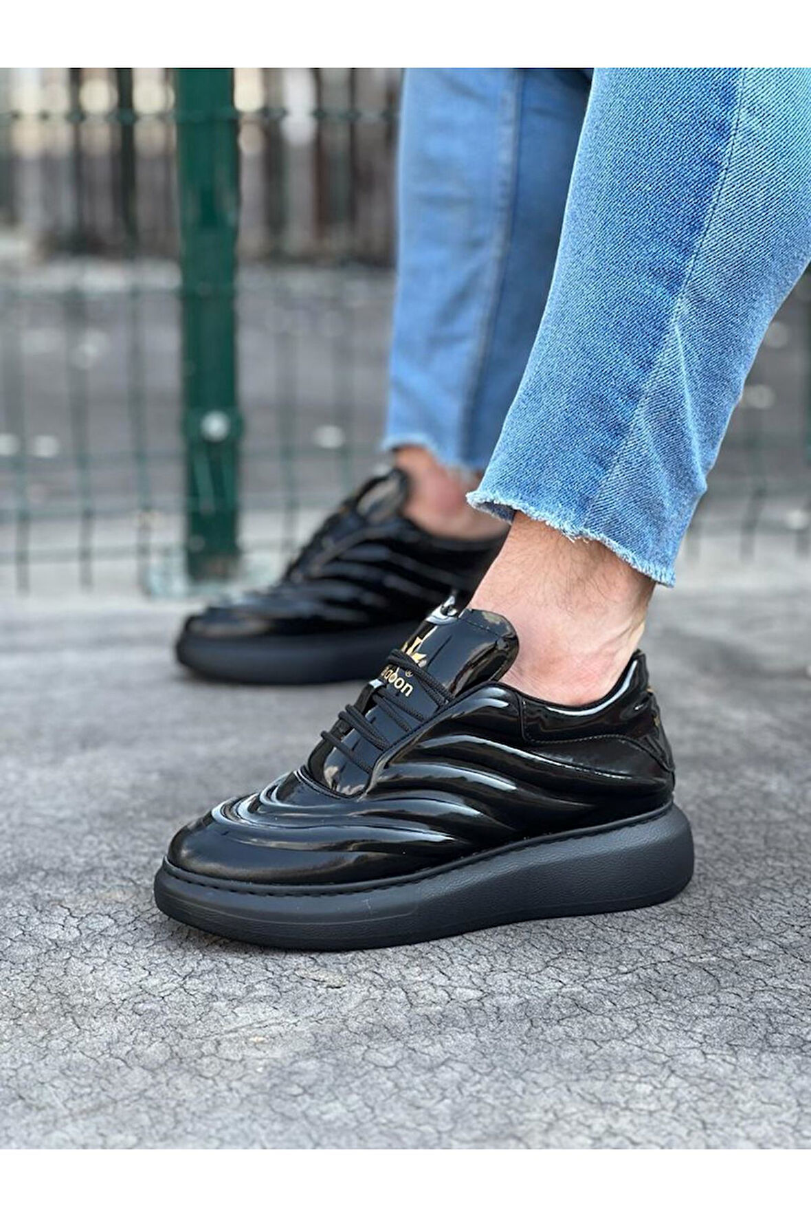 J094 Bağcıklı Ortopedik Taban Erkek Sneaker Günlük Rugan Ayakkabı ST Siyah