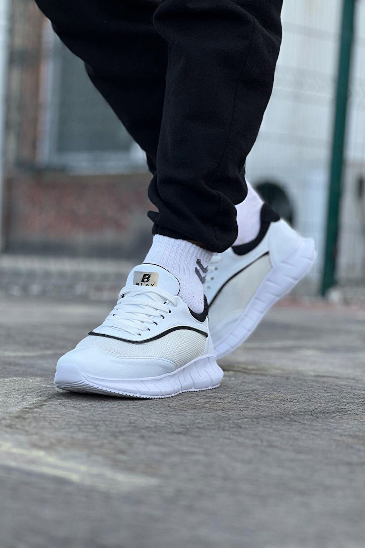 J062 Bağcıklı Ortopedik Taban Triko Erkek Sneaker Günlük Spor Ayakkabı BT Beyaz/Siyah