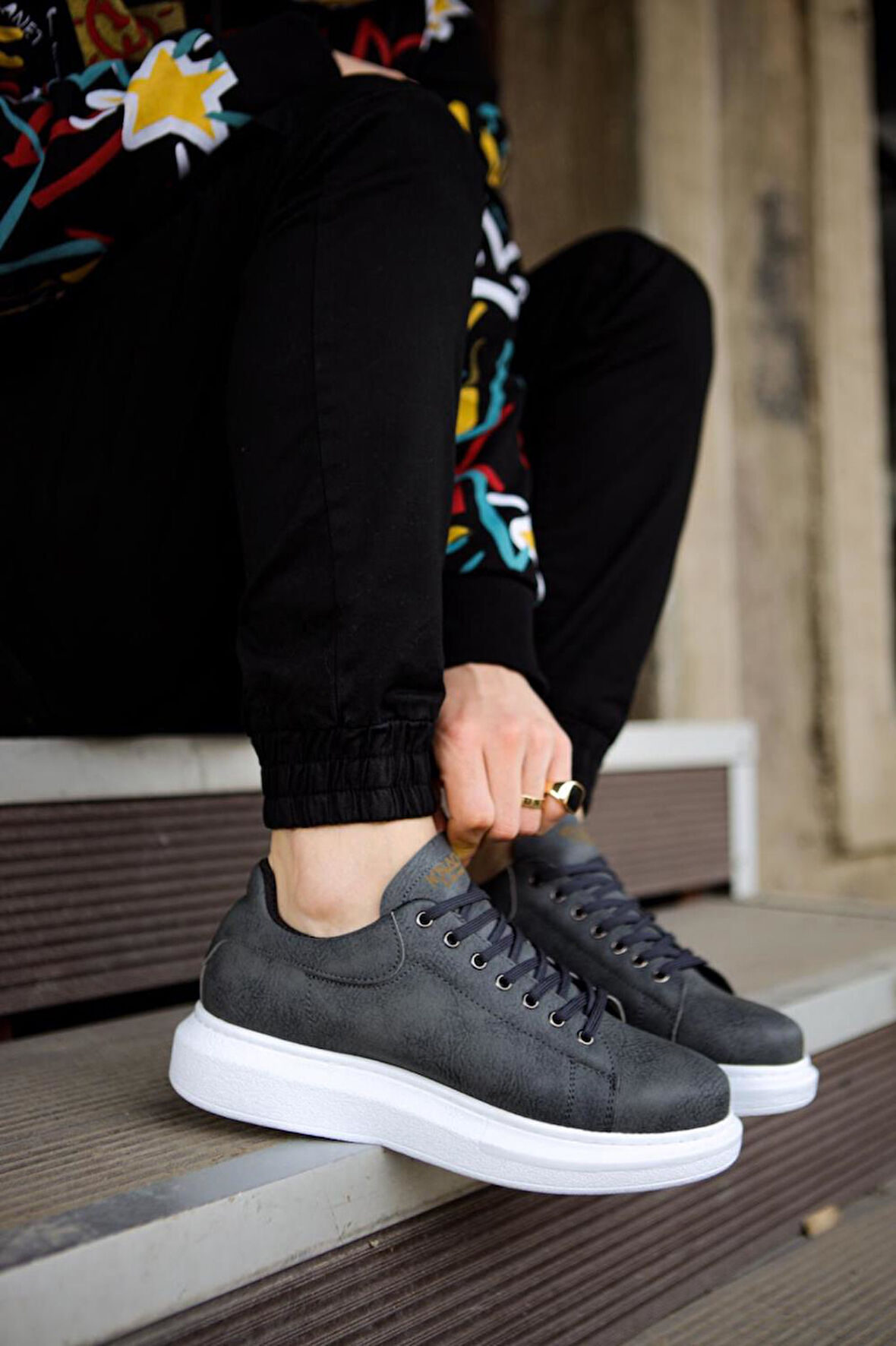 J044 Bağcıklı Ortopedik Taban Erkek Günlük Sneaker Spor Ayakkabı BT Gri