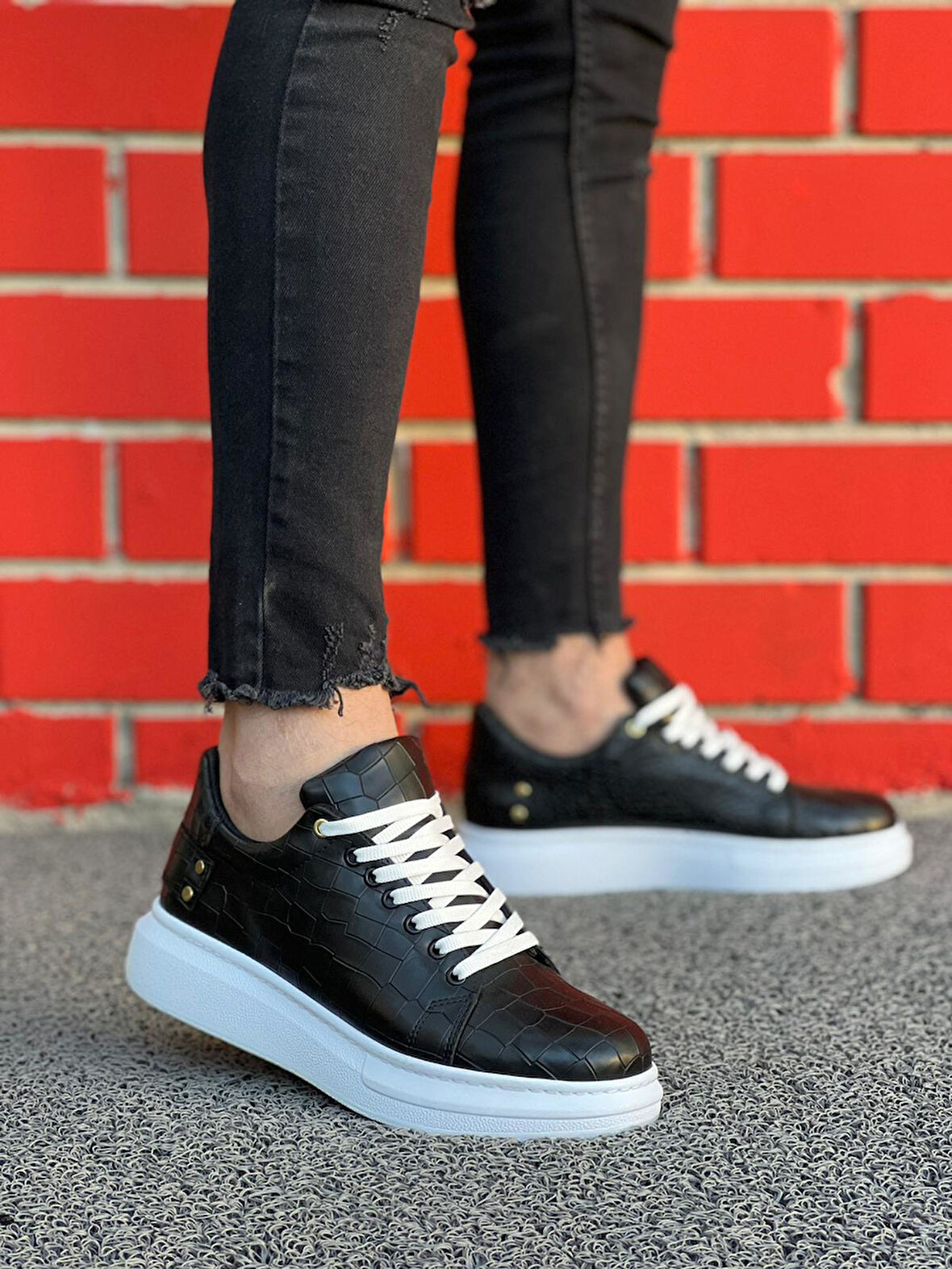 J047 Bağcıklı Ortopedik Taban Timsah Desenli Günlük Erkek Spor Sneaker Ayakkabı BT Siyah