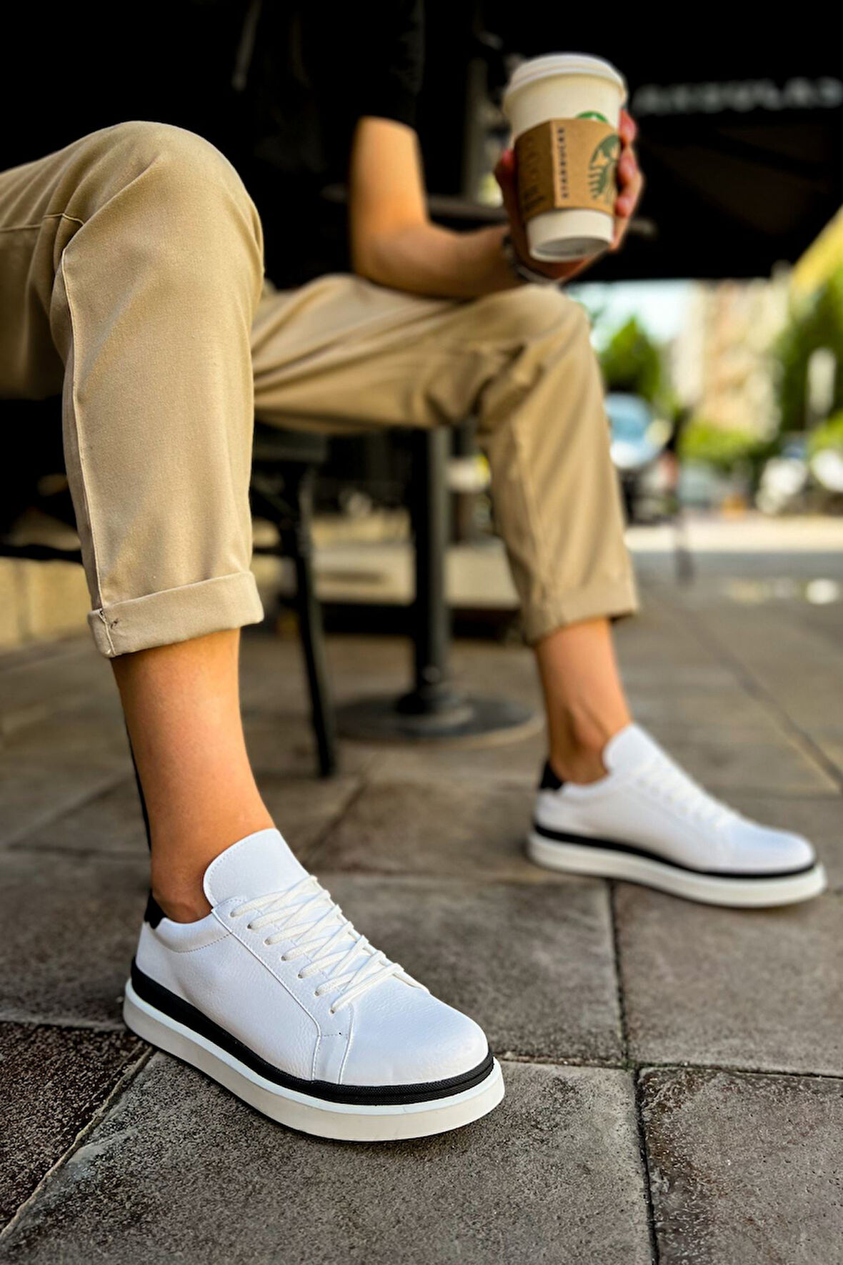 J979 Santoni Ortopedik Taban Günlük Cilt Erkek Sneaker Spor Ayakkabı CBT Beyaz/Siyah