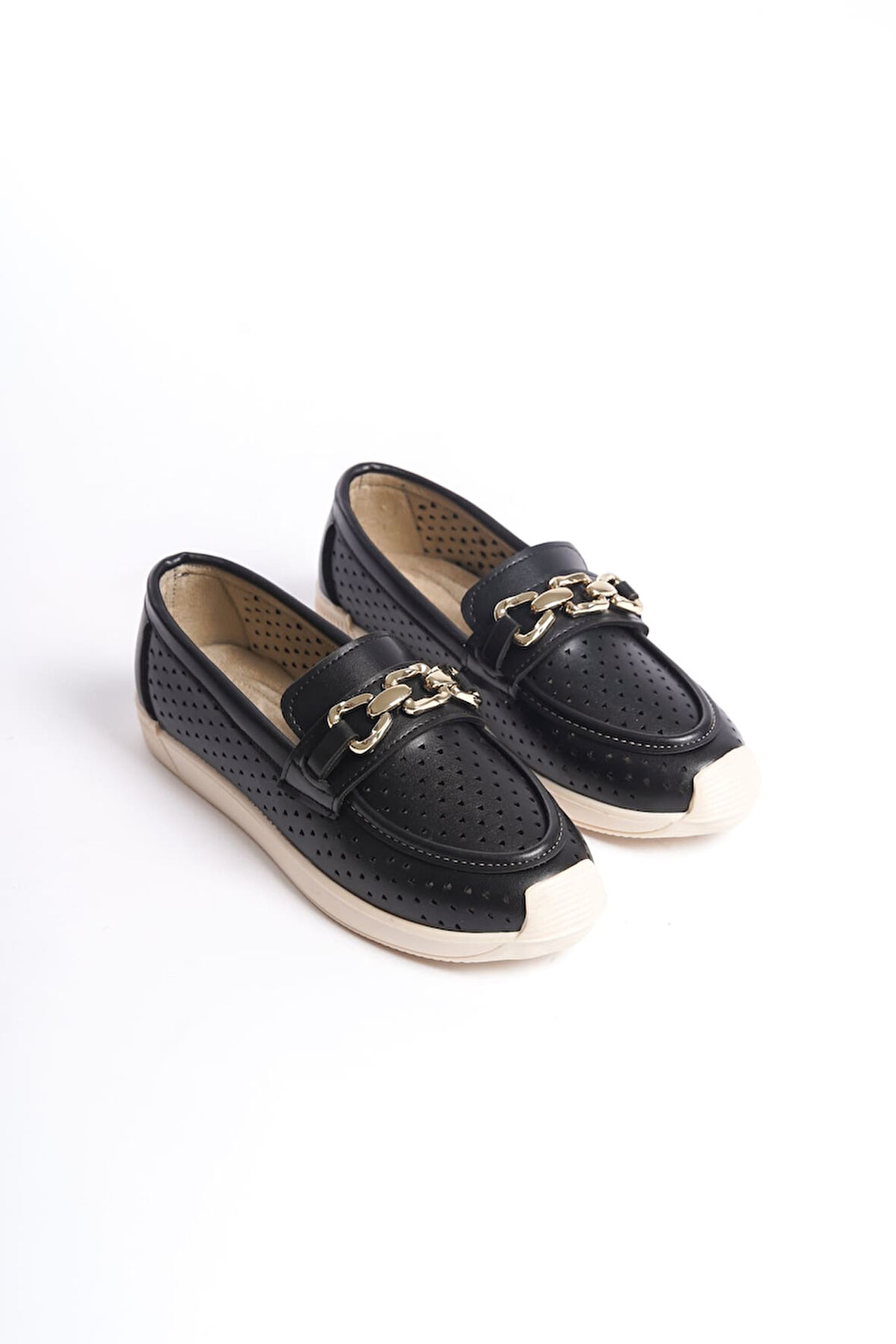 HAZEL Bağcıksız Ortopedik Rahat Taban Kalp Desenli Kadın Babet Ayakkabı KT Siyah