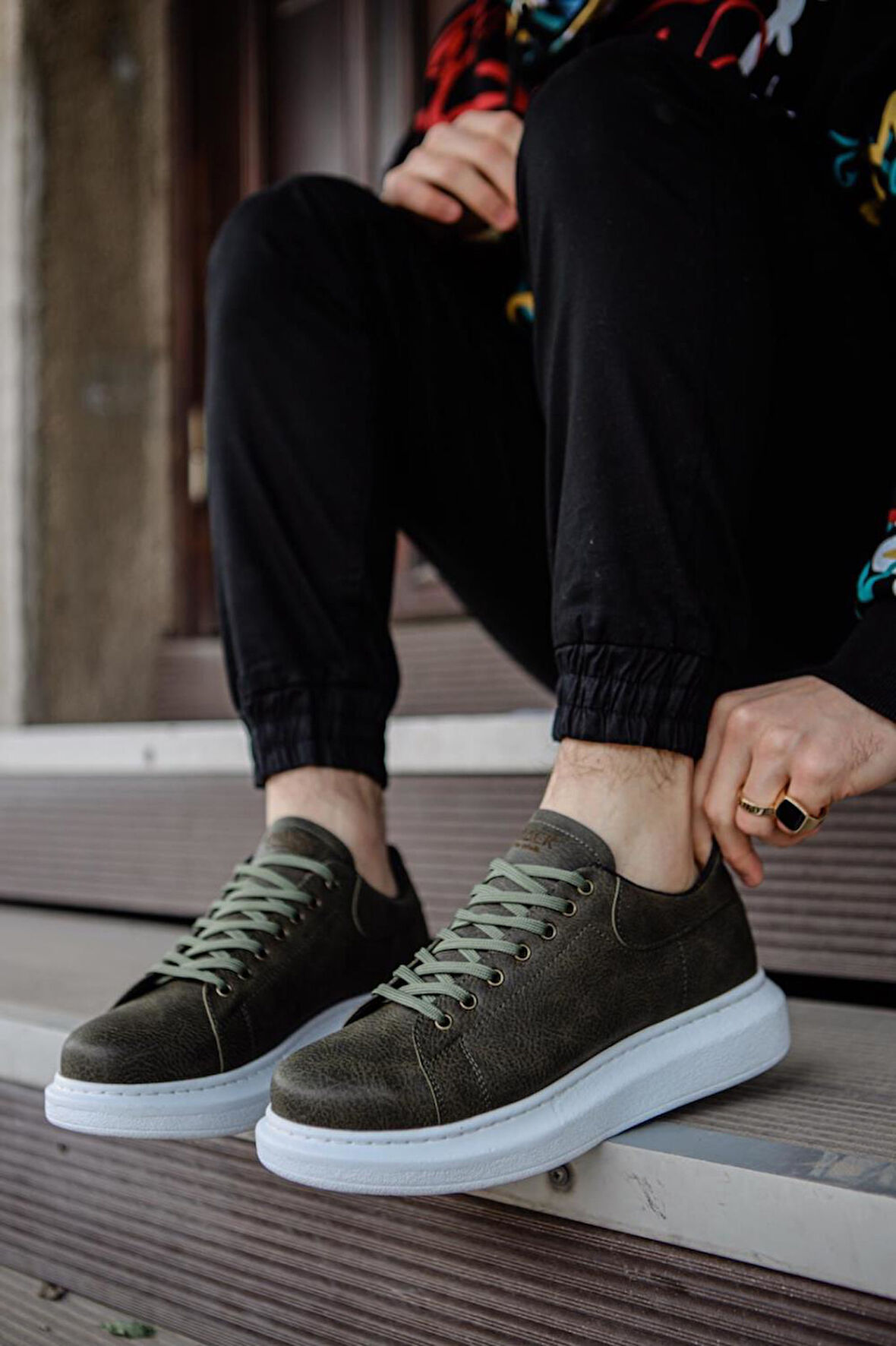 J044 Bağcıklı Ortopedik Taban Erkek Günlük Sneaker Spor Ayakkabı BT Haki