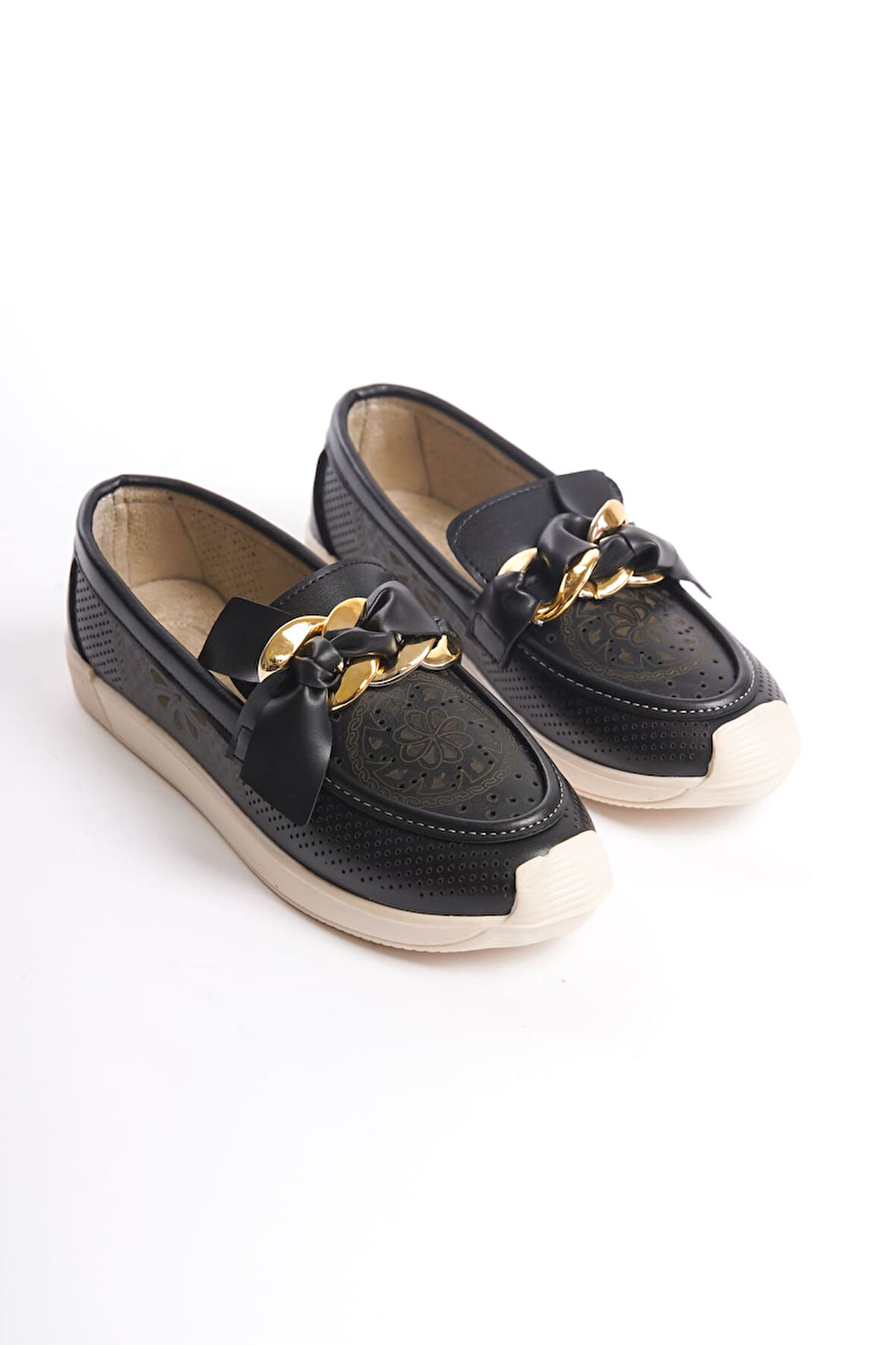 HANDY Bağcıksız Ortopedik Rahat Taban Çiçek Desenli Kadın Babet Ayakkabı KT Siyah