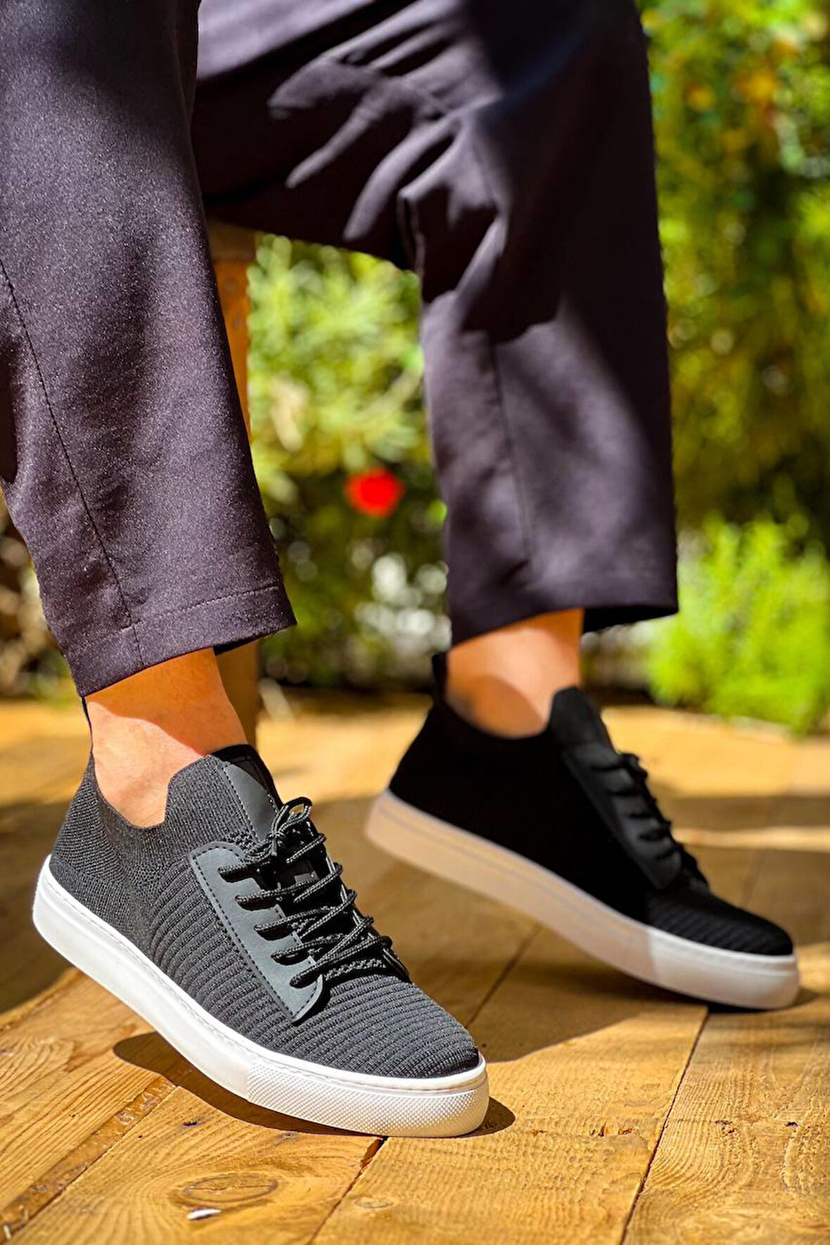 J110 Bağcıklı Ortopedik Taban Triko Erkek Spor Sneaker Ayakkabı BT Siyah